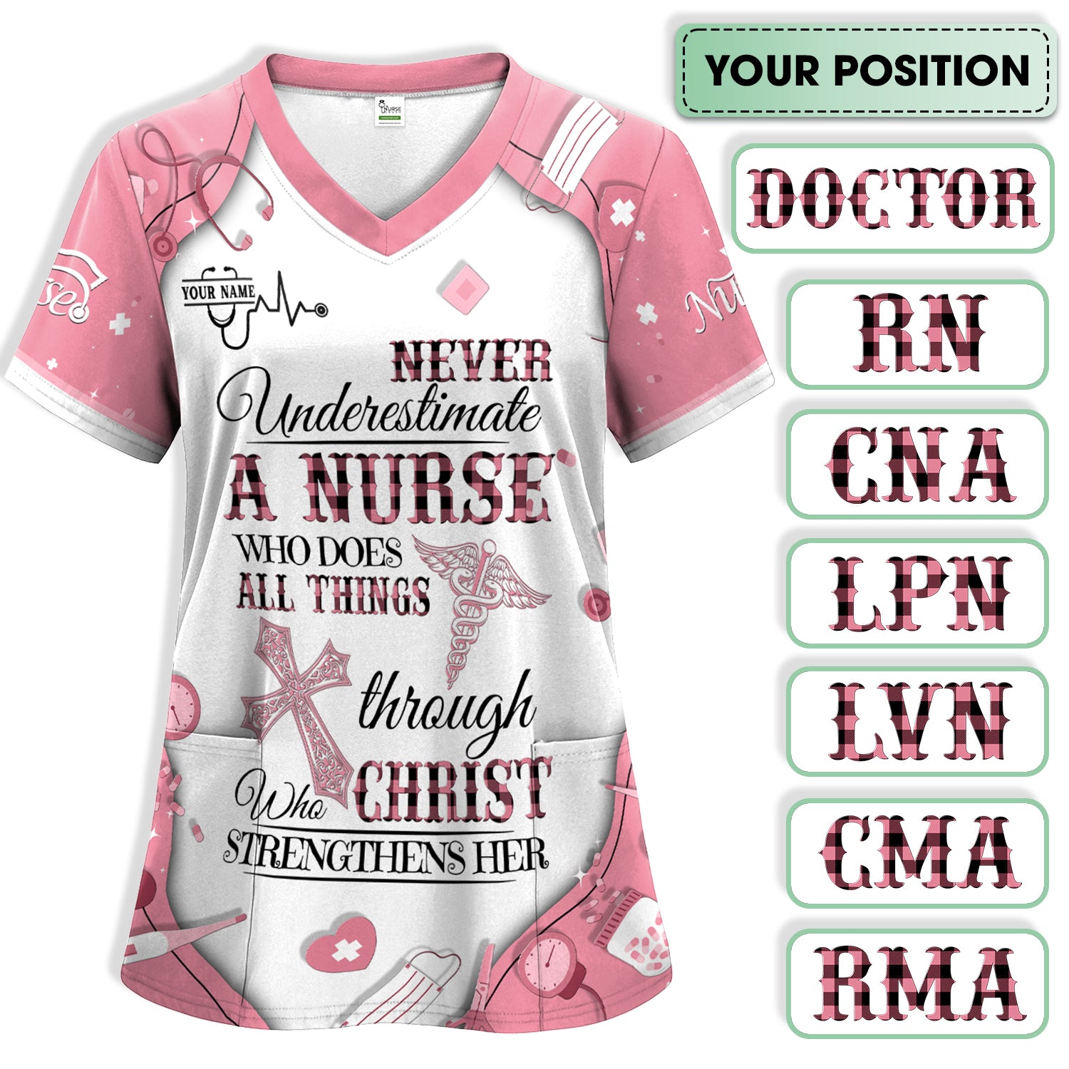 Faith-Based Personalized Nursing Scrub for Women - Bible Verse All Things Through Christ - Gift for RN, LPN, CNA Healthcare Professionals