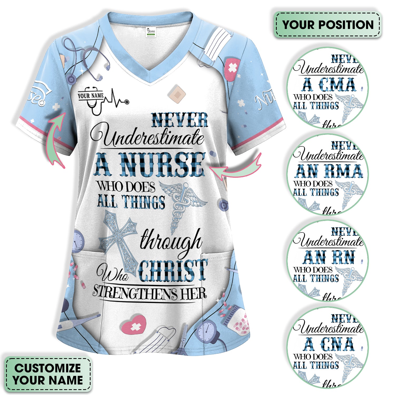 Personalized Nursing Faith Scrub for Women - Bible Verse All Things Through Christ - Religious Gift for Healthcare Professionals RN LPN CNA