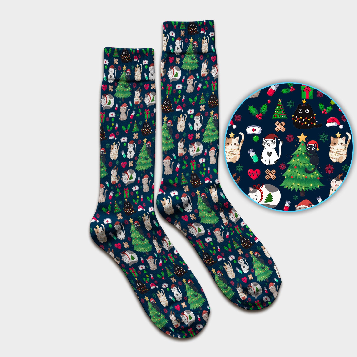 Christmas Cat Scrub Socks, Xmas Pet Pattern Scrub Sock, Breathable Fabrics Nursing Uniform
