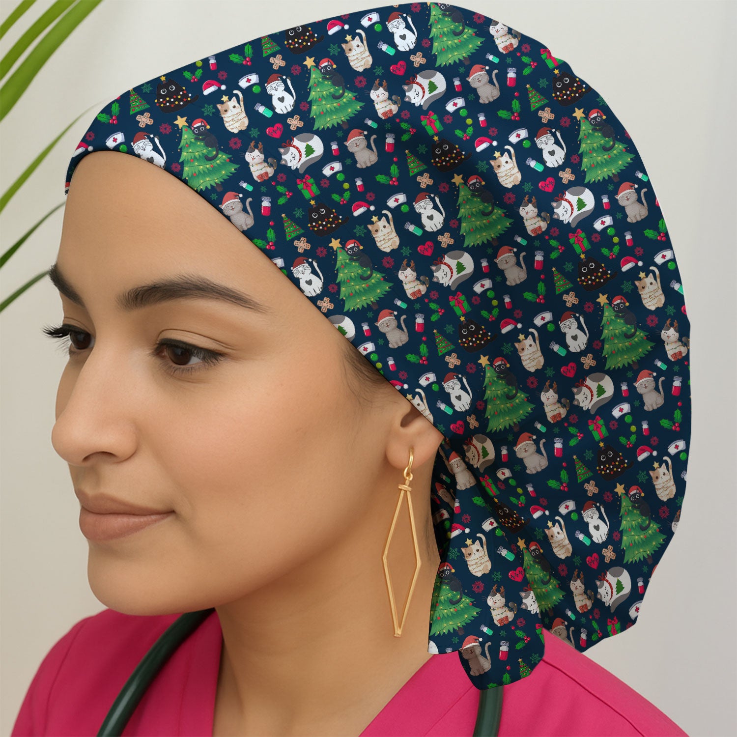 Christmas Cat Scrub Hat, Xmas Pet Pattern Scrub Cap, Breathable Fabrics Nursing Uniform