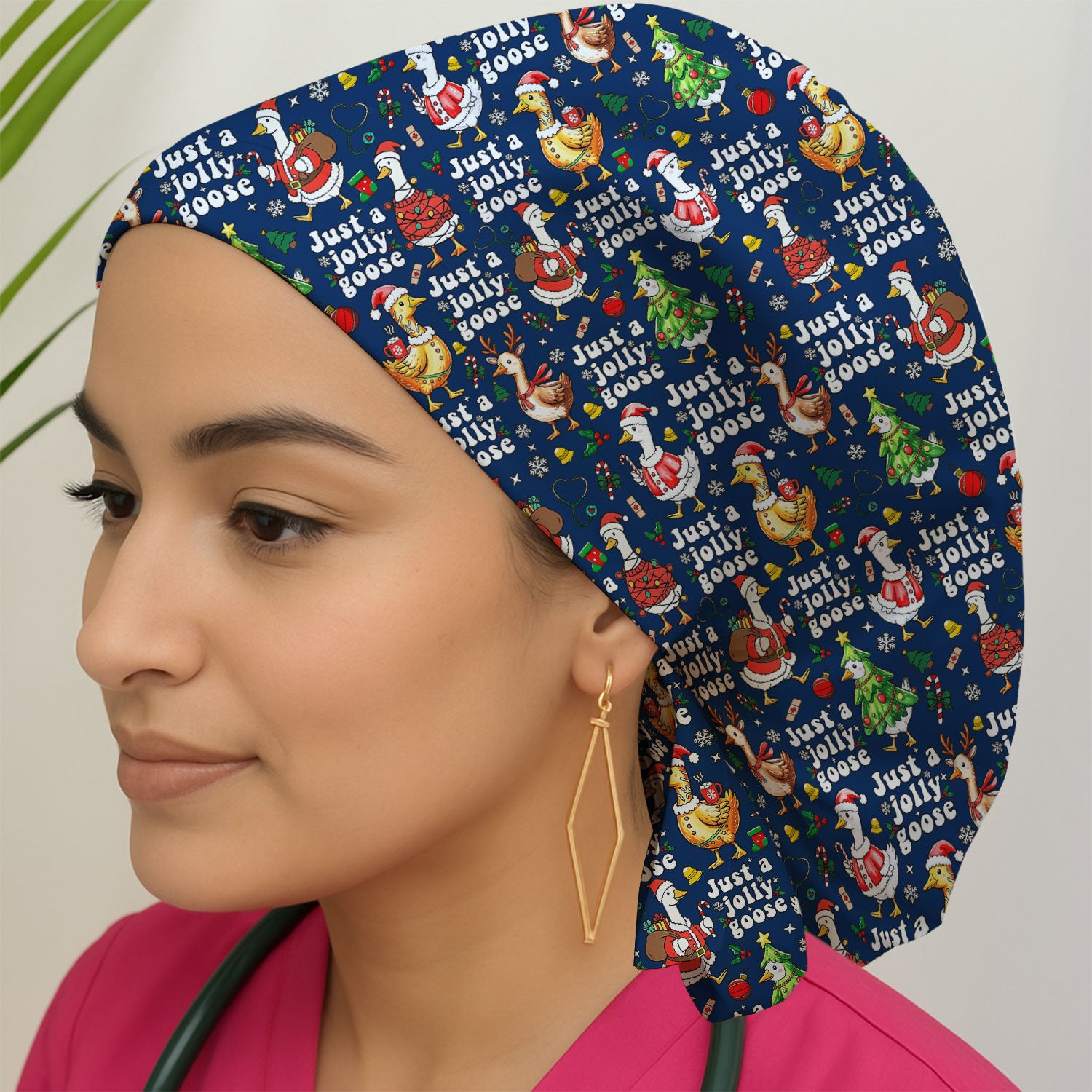 Just a Jolly Goose Bouffant Scrub Caps for Women - Santa Goose Holiday Nursing Gift - Breathable Fabrics Caps Uniform