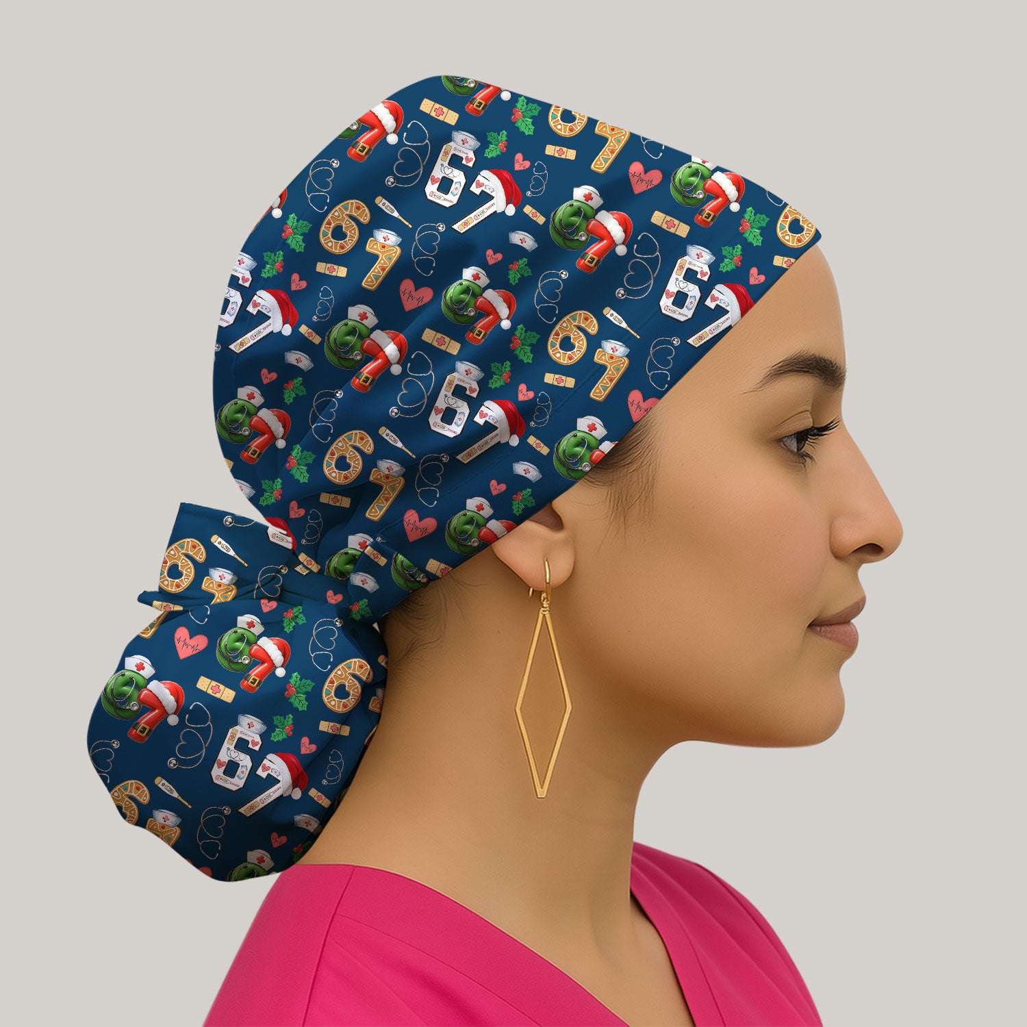 Christmas Nurse 67 Pattern Scrub Cap, Cute Holiday Medical Hat With Santa Hat, Uniform For Nursing