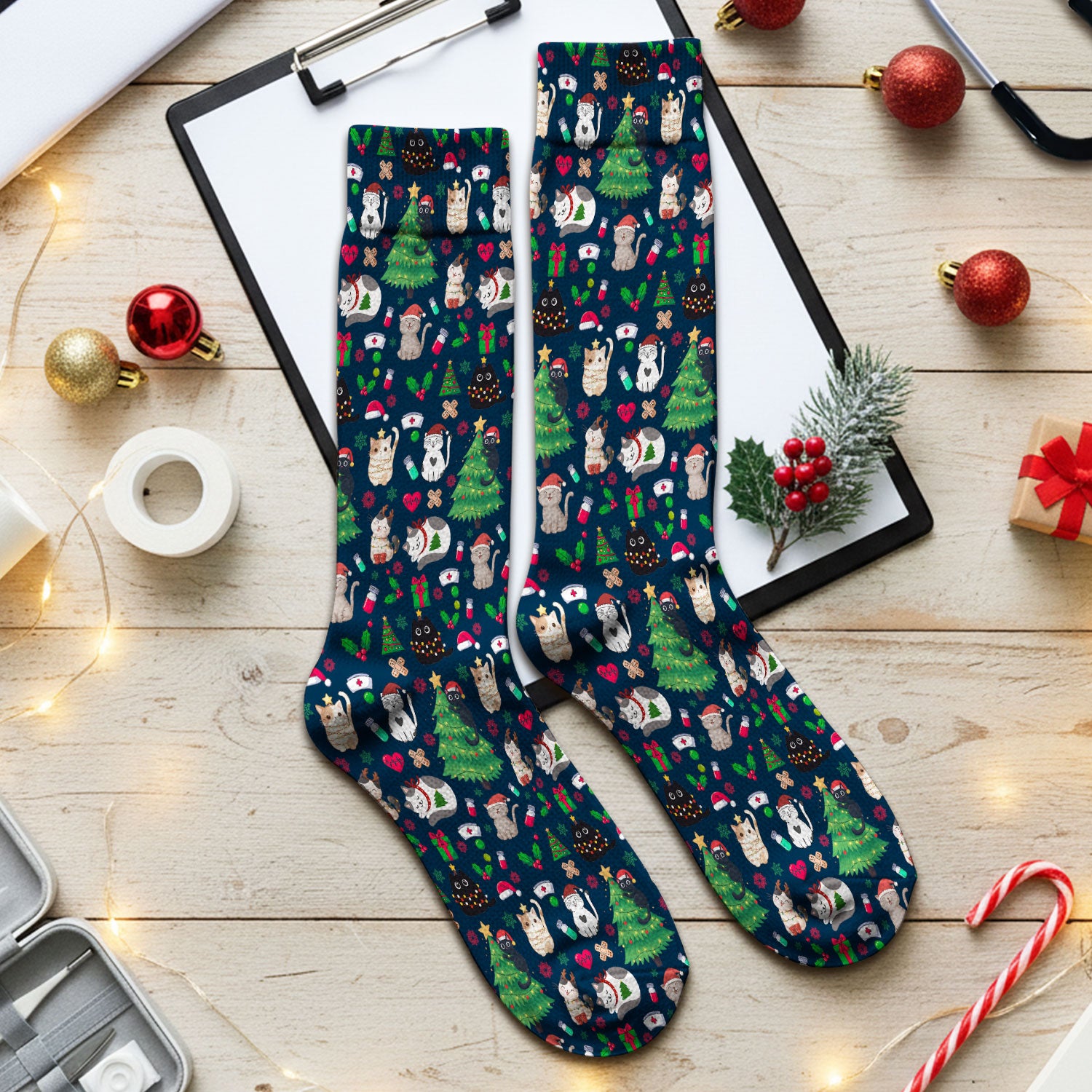 Christmas Cat Scrub Socks, Xmas Pet Pattern Scrub Sock, Breathable Fabrics Nursing Uniform