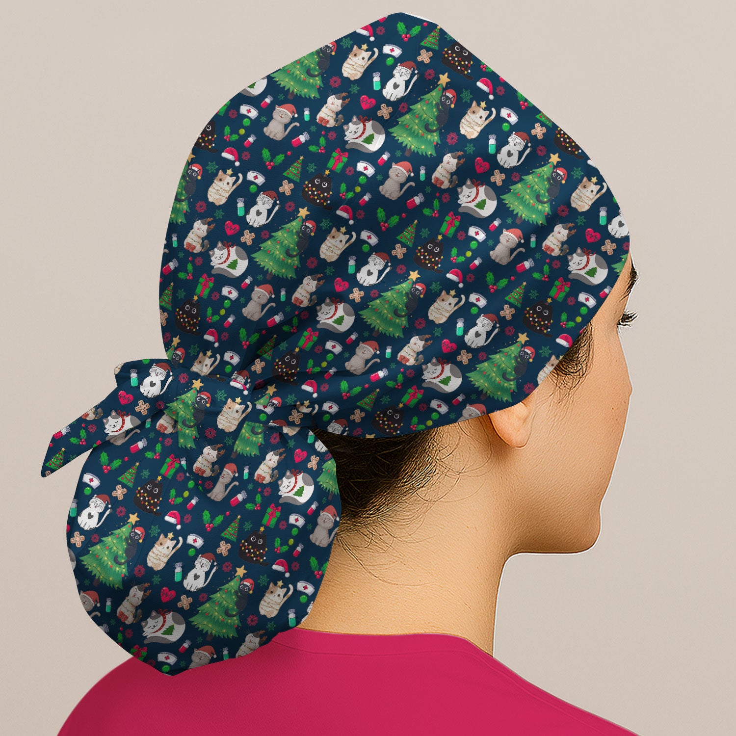 Christmas Cat Scrub Hat, Xmas Pet Pattern Scrub Cap, Breathable Fabrics Nursing Uniform