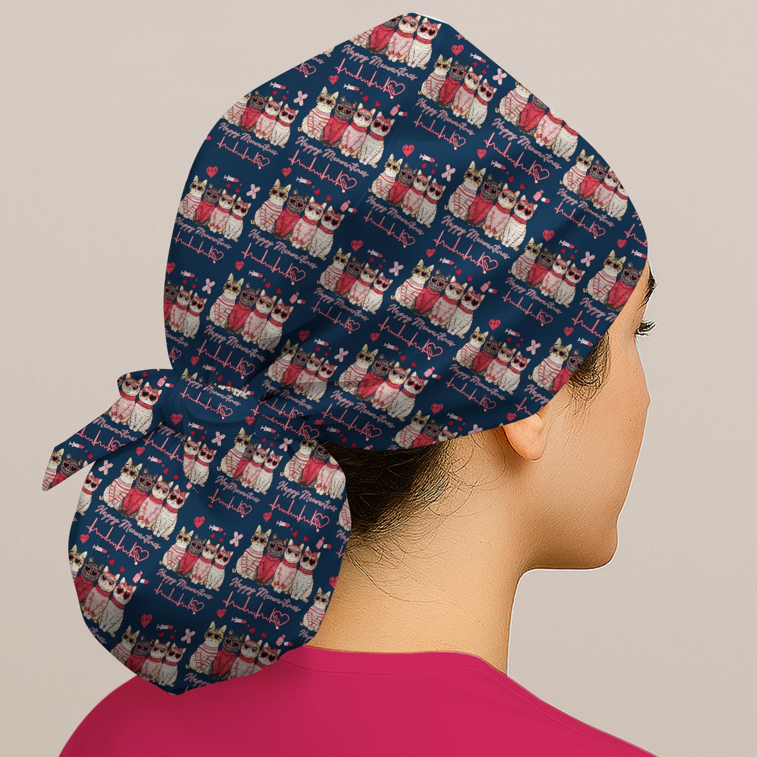 Happy Meowtines Cat Pattern Scrub Cap, Valentine Cat Lover Nurse Scrub Hat, Heartbeat Medical Pattern Nursing Uniform