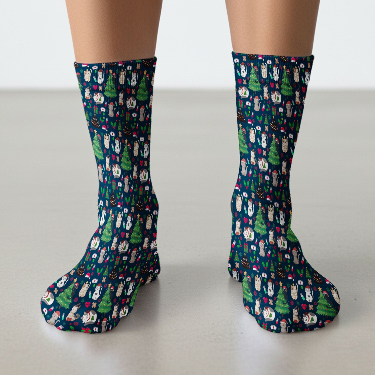 Christmas Cat Scrub Socks, Xmas Pet Pattern Scrub Sock, Breathable Fabrics Nursing Uniform