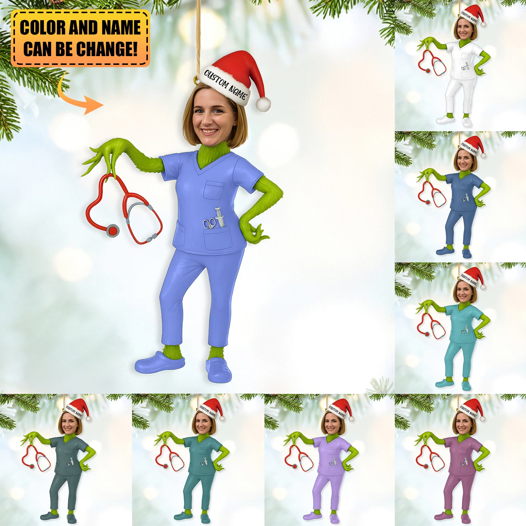 Personalized Nurse Christmas Ornament, Custom Name & Photo on Funny Green Monster Character, RN LPN CNA Gift