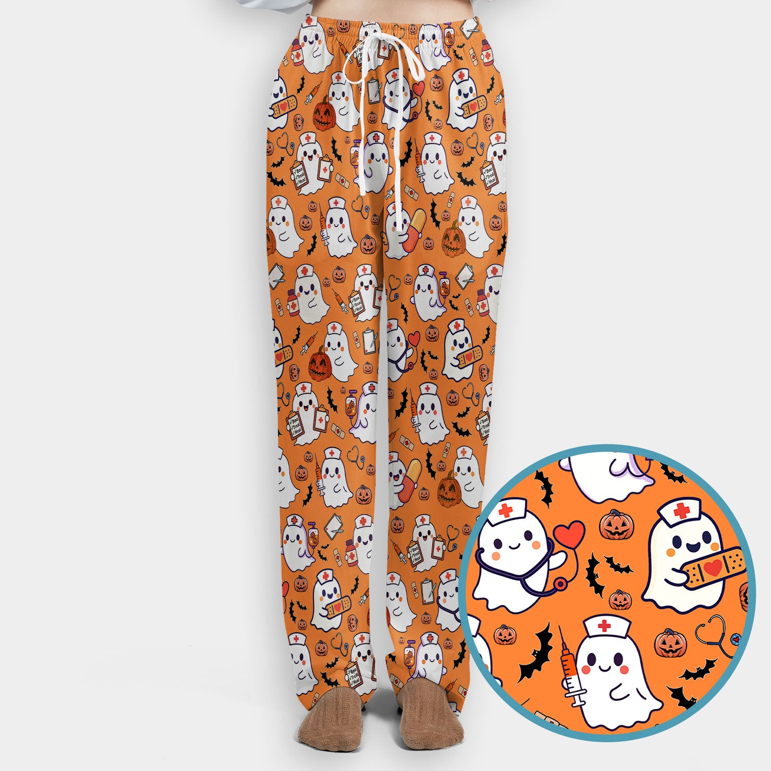 Women's Scrub Sets Halloween Gift - Comfortable Scrubs for Nurses - Pumpkin Ghost Scrub Pants and V Neck Top