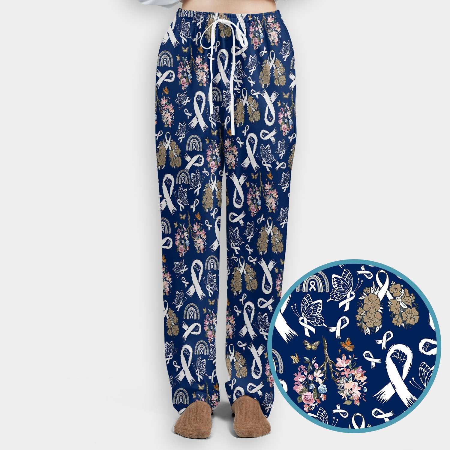 Lung Cancer Awareness Scrub Sets for Women - White Ribbon Butterfly Floral Scrub Pants and V Neck Top - Comfortable Med Uniform for Her