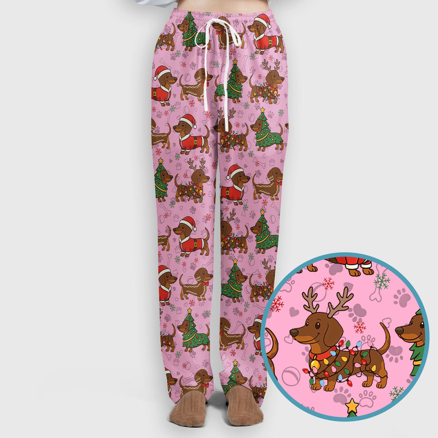 Christmas Weenie Dog Scrub Sets - Xmas Dachshund Scrub Pants - Cute Sausage Puppy V Neck Top - Breathable Med Uniform