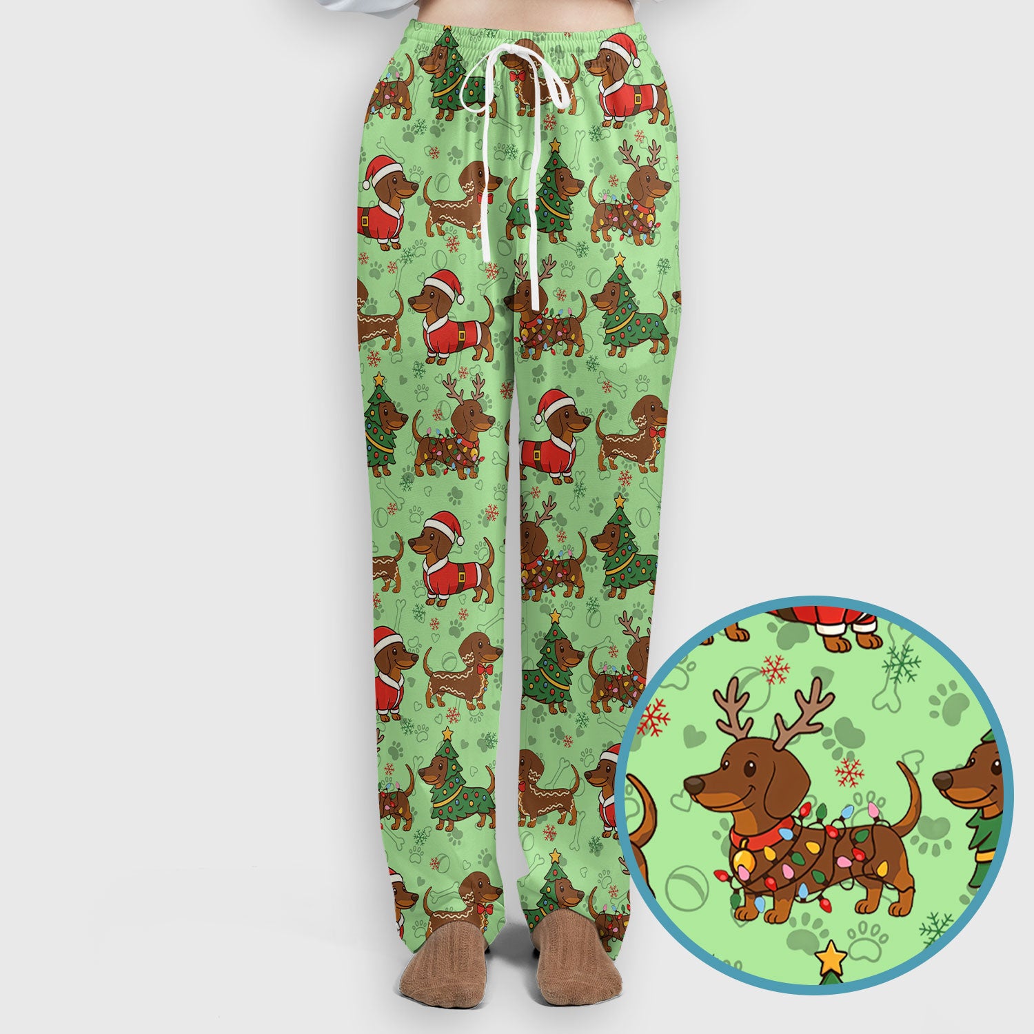 Christmas Weenie Dog Scrub Sets - Xmas Dachshund Scrub Pants - Cute Sausage Puppy V Neck Top - Ugly Sweater for Pet Lover