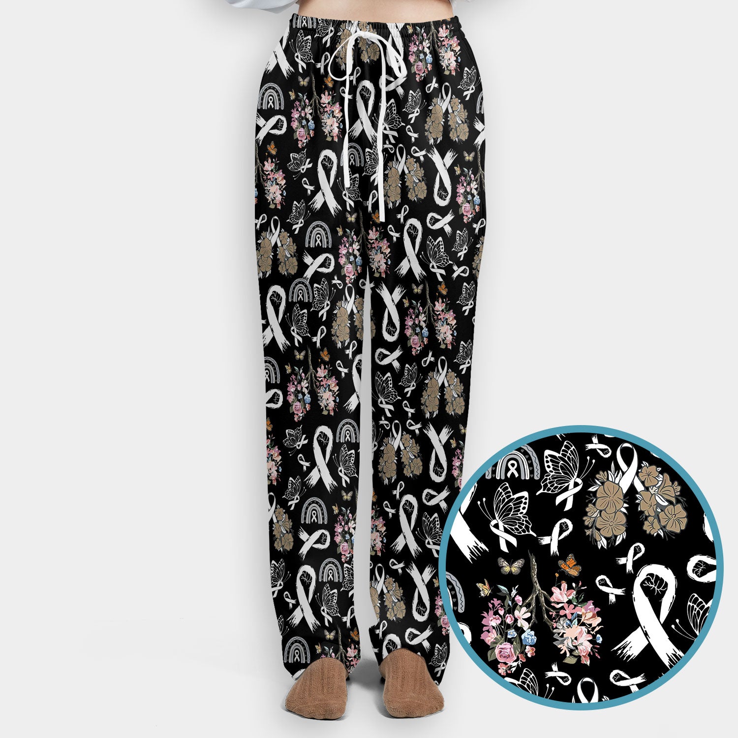 Lung Cancer Awareness Scrub Sets for Nurse - White Ribbon Butterfly Floral Scrub Pants and V Neck Top - Breathable Med Uniform for Women