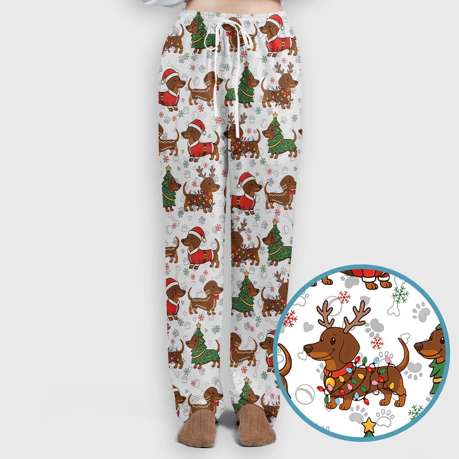 Christmas Weenie Dog Scrub Sets - Xmas Dachshund Scrub Pants - Cute Sausage Puppy V Neck Top - Ugly Sweater for Pet Lover