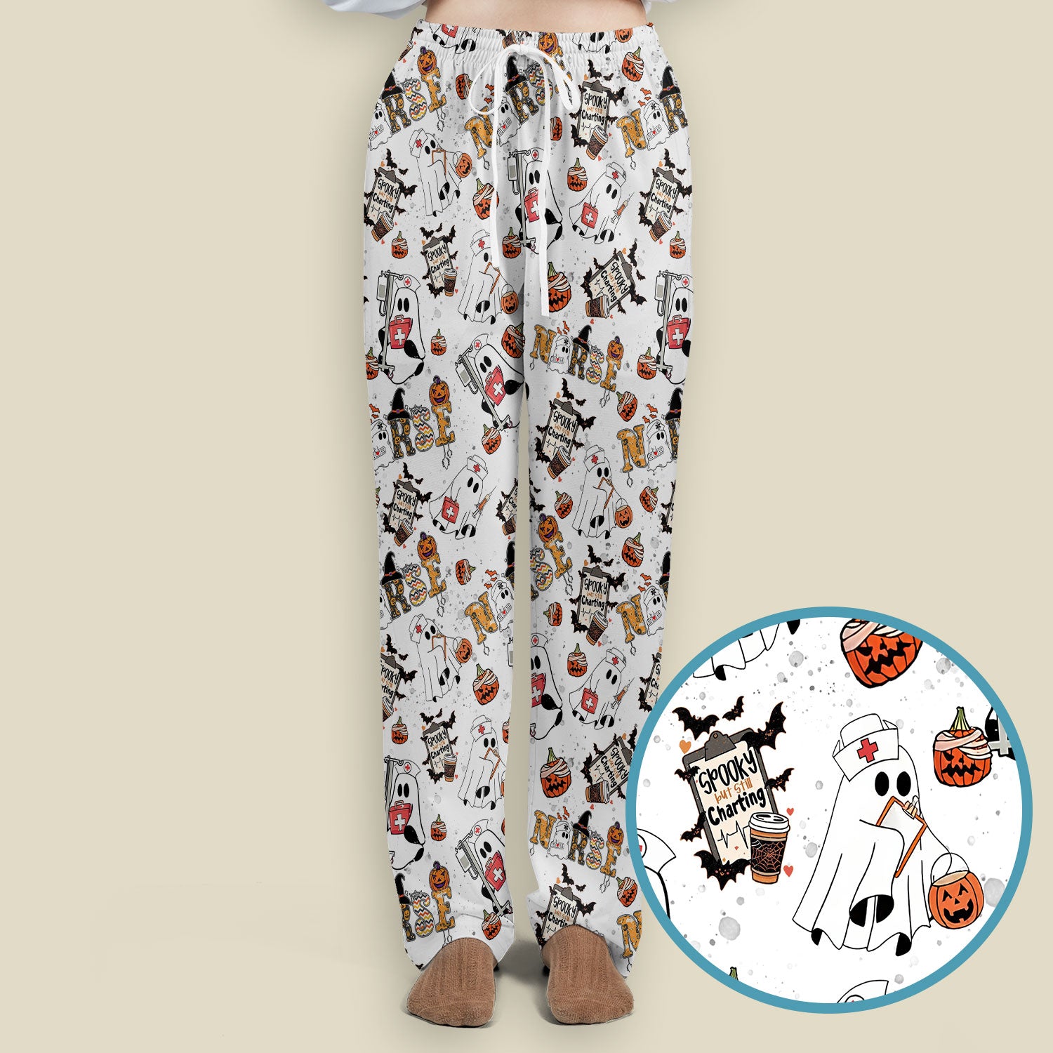 Halloween Women's Scrub Sets - Spooky But Still Charting - Funny Scrubs for Nurses - Horror Pumpkin Scrub Pants and V Neck Top