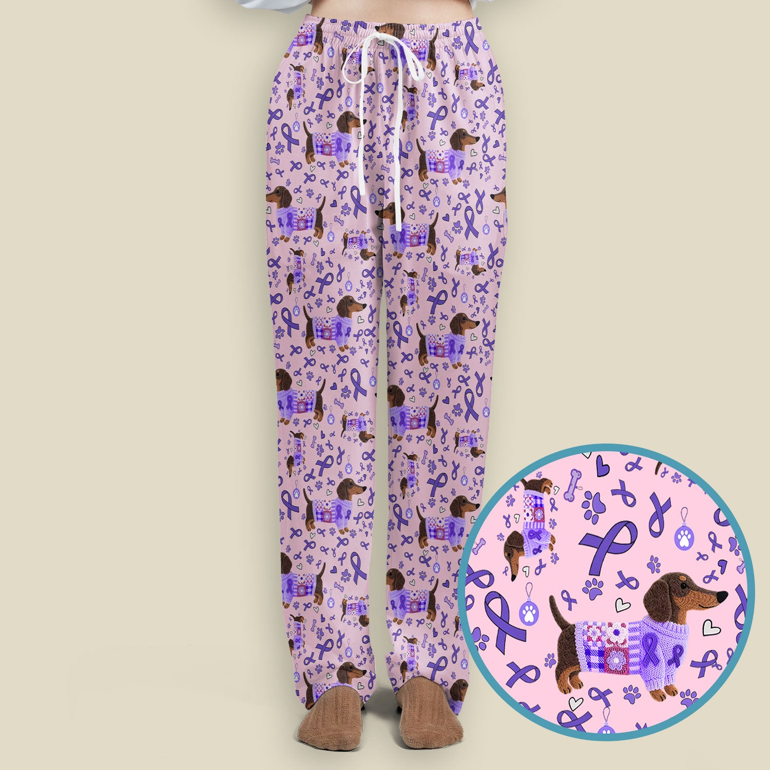 Purple Ribbon Dachshund Scrub Sets - Cute Awareness Dog Paw Prints Scrub Pants and V Neck Top - Support Lupus Cancer Med Uniform