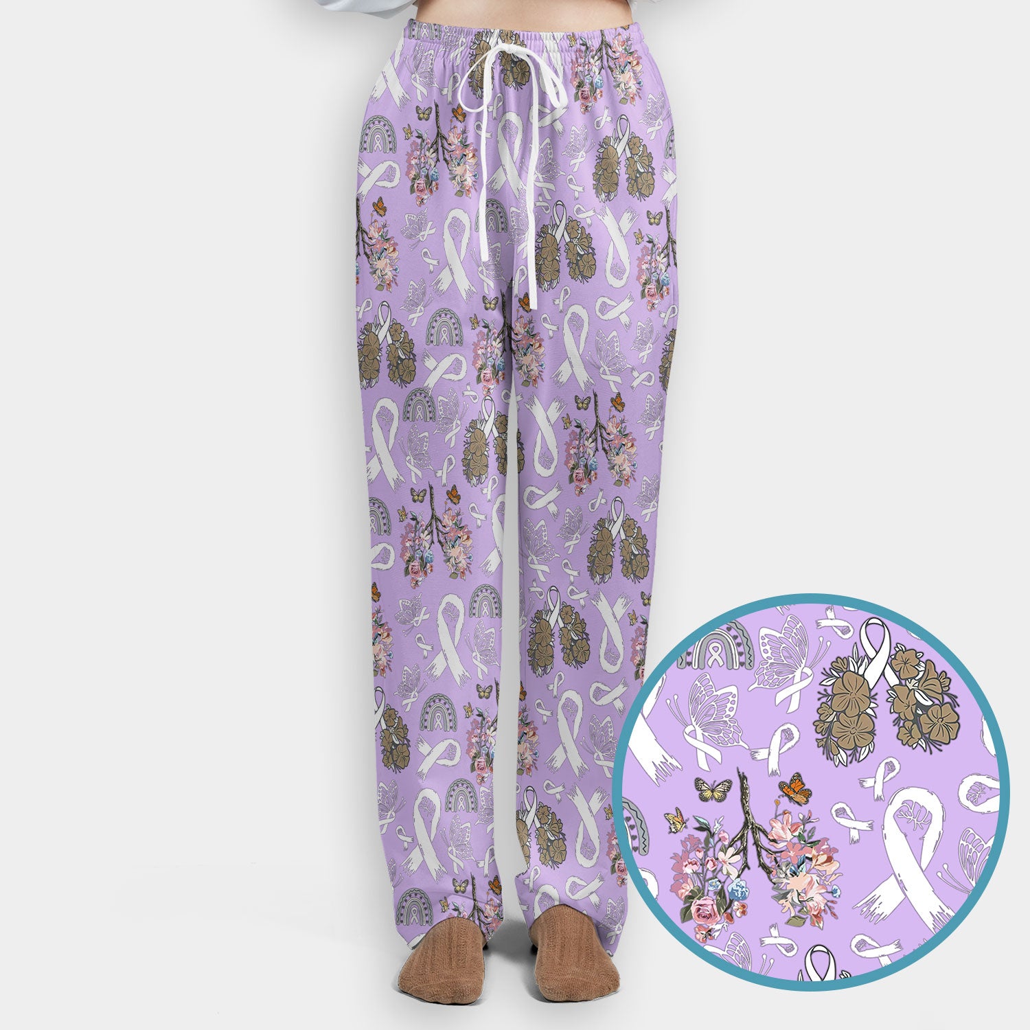 Lung Cancer Awareness Scrub Sets for Women - White Ribbon Butterfly Floral Scrub Pants and V Neck Top - Comfortable Med Uniform for Her