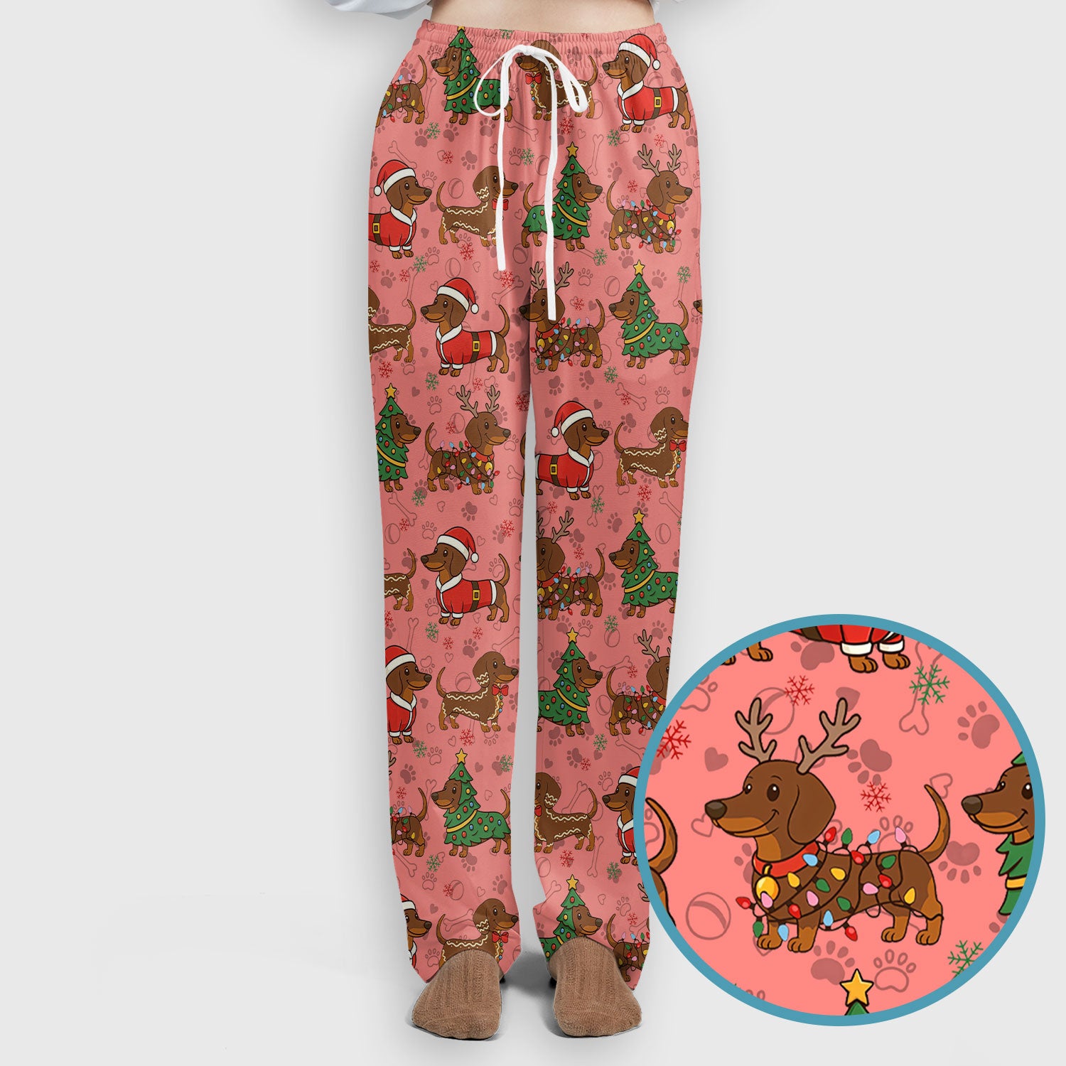 Christmas Weenie Dog Scrub Sets - Xmas Dachshund Scrub Pants - Cute Sausage Puppy V Neck Top - Ugly Sweater for Pet Lover