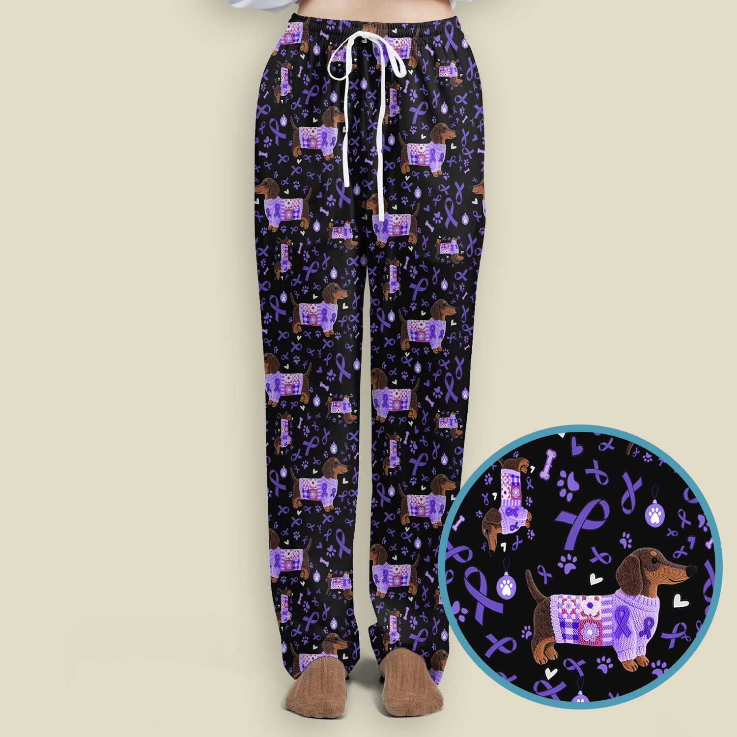 Purple Ribbon Dachshund Scrub Sets - Cute Awareness Dog Paw Prints Scrub Pants and V Neck Top - Support Lupus Cancer Med Uniform