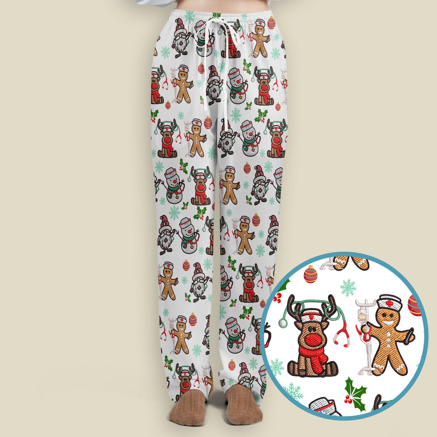 Christmas Gingerbread Scrubs Set for Women - Comfortable Scrubs for Nurses - Reindeer Santa Pants and V Neck Top