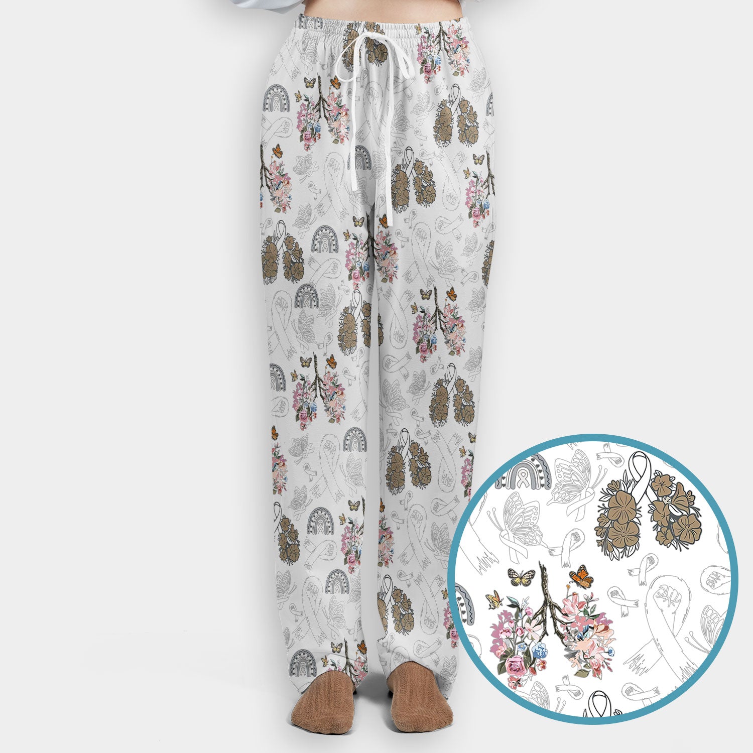 Lung Cancer Awareness Scrub Sets for Nurse - White Ribbon Butterfly Floral Scrub Pants and V Neck Top - Breathable Med Uniform for Women