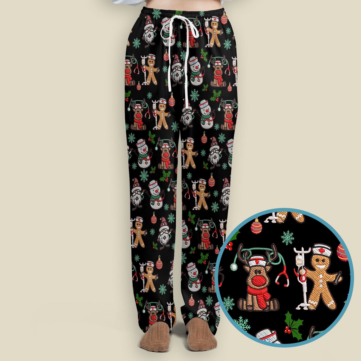 Christmas Gingerbread Scrubs Set for Women - Comfortable Scrubs for Nurses - Reindeer Santa Pants and V Neck Top