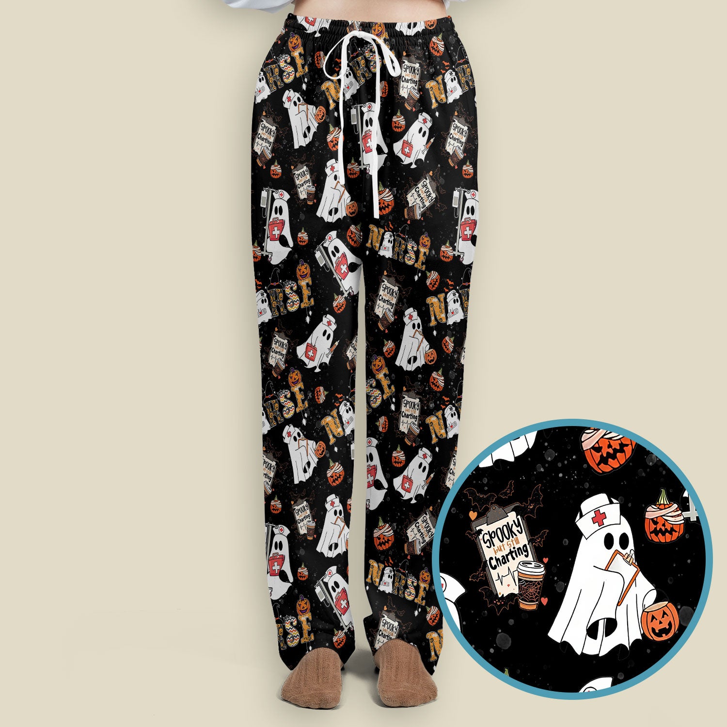 Halloween Women's Scrub Sets - Spooky But Still Charting - Funny Scrubs for Nurses - Horror Pumpkin Scrub Pants and V Neck Top