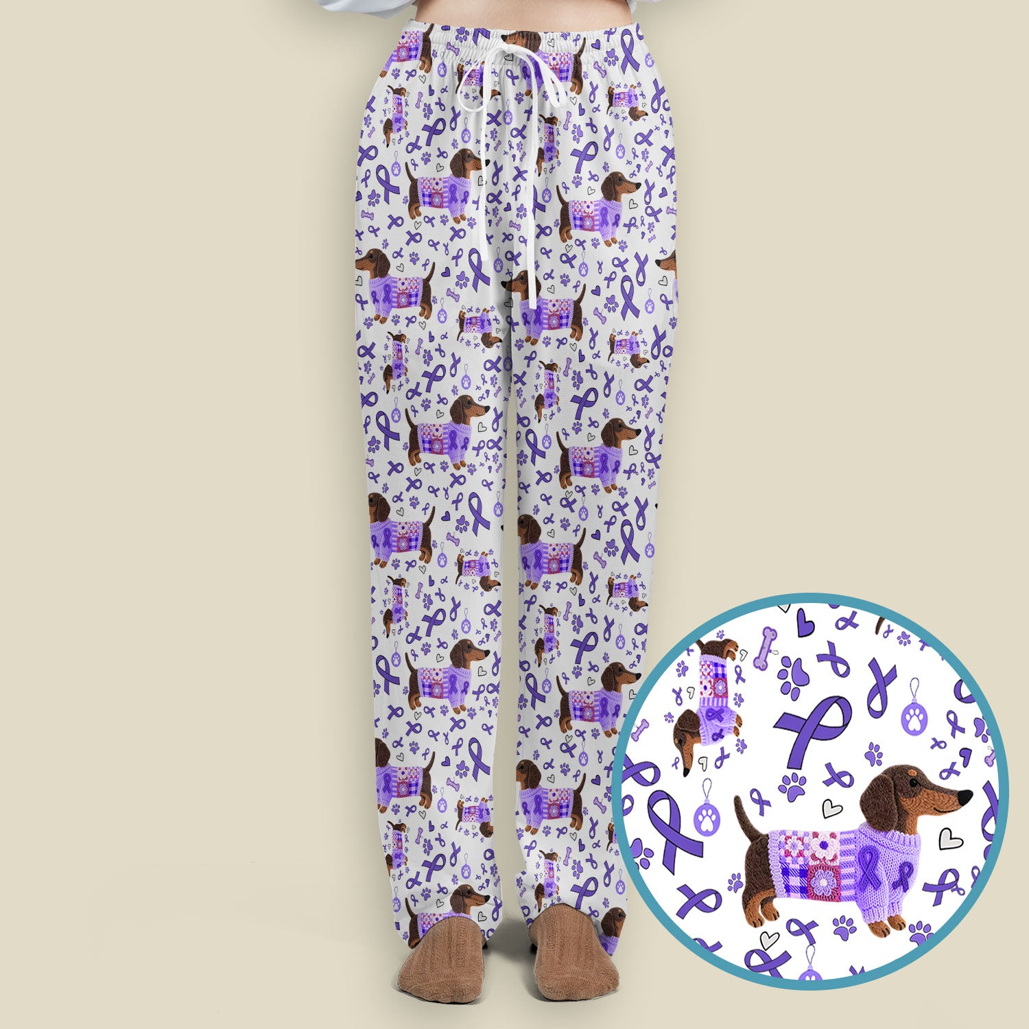 Purple Ribbon Dachshund Scrub Sets - Cute Awareness Dog Paw Prints Scrub Pants and V Neck Top - Support Lupus Cancer Med Uniform