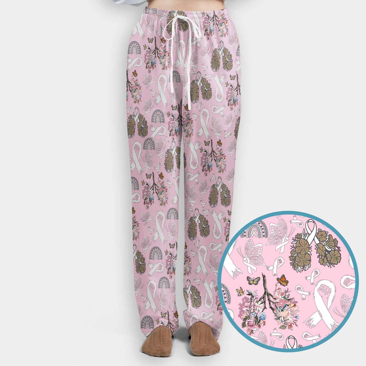 Lung Cancer Awareness Scrub Sets for Nurse - White Ribbon Butterfly Floral Scrub Pants and V Neck Top - Breathable Med Uniform for Women