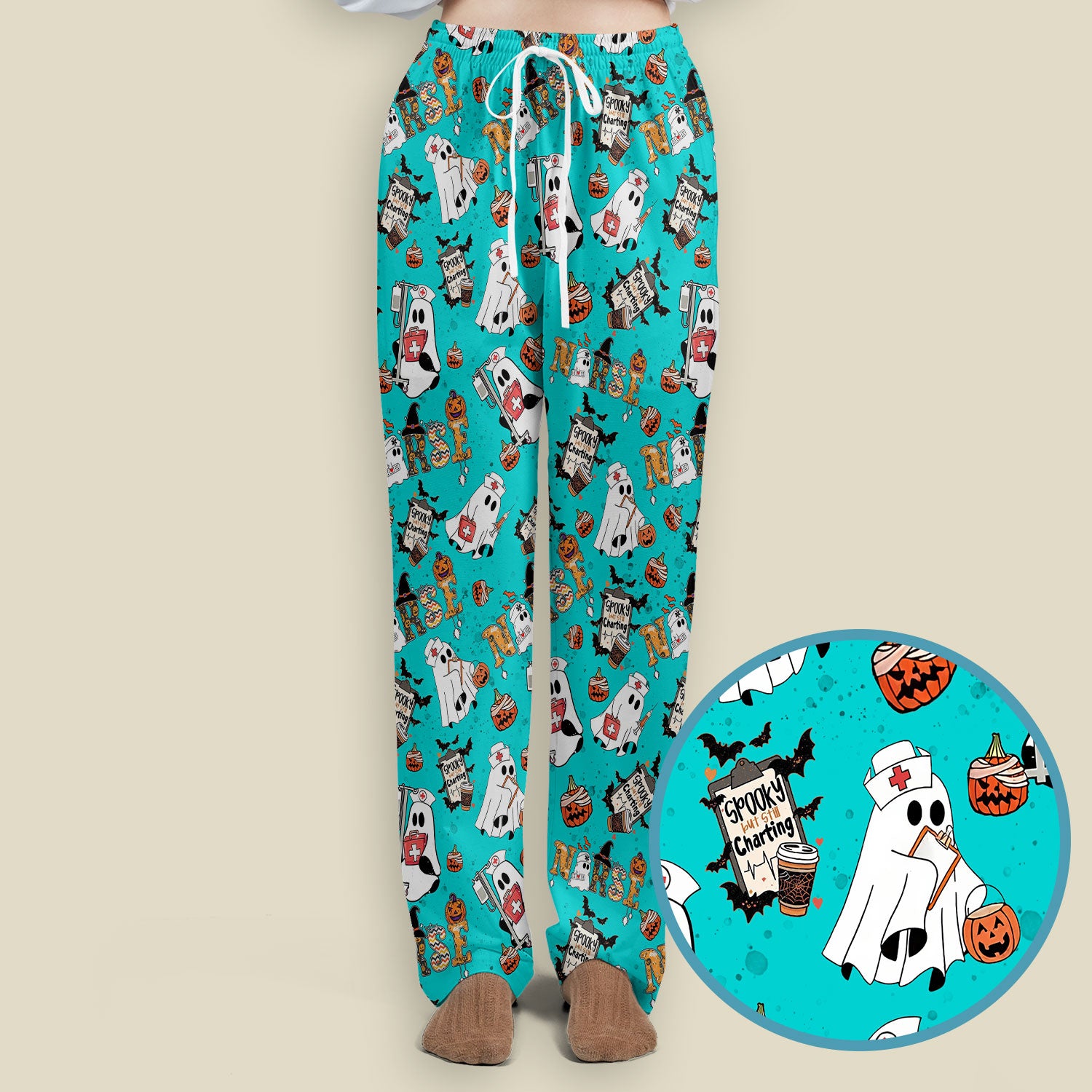 Halloween Women's Scrub Sets - Spooky But Still Charting - Funny Scrubs for Nurses - Horror Pumpkin Scrub Pants and V Neck Top