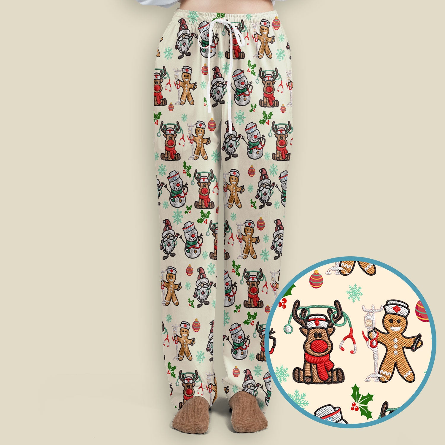 Christmas Gingerbread Scrubs Set for Women - Comfortable Scrubs for Nurses - Reindeer Santa Pants and V Neck Top