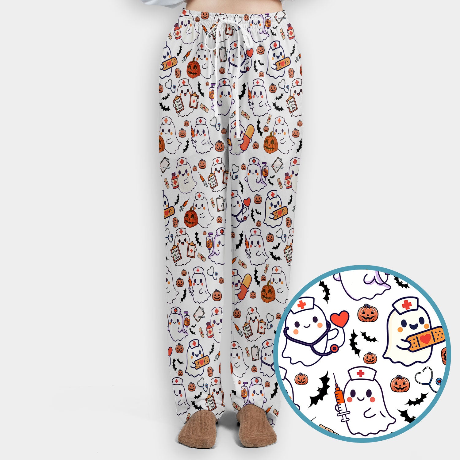 Women's Scrub Sets Halloween Gift - Comfortable Scrubs for Nurses - Pumpkin Ghost Scrub Pants and V Neck Top