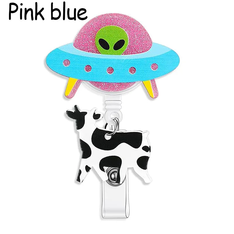 Funny UFO Cow Nurse Badge Reel, Cute Retractable ID Holder for Nurses LPN RN CNA ER, Alien Abduction Badge Clip