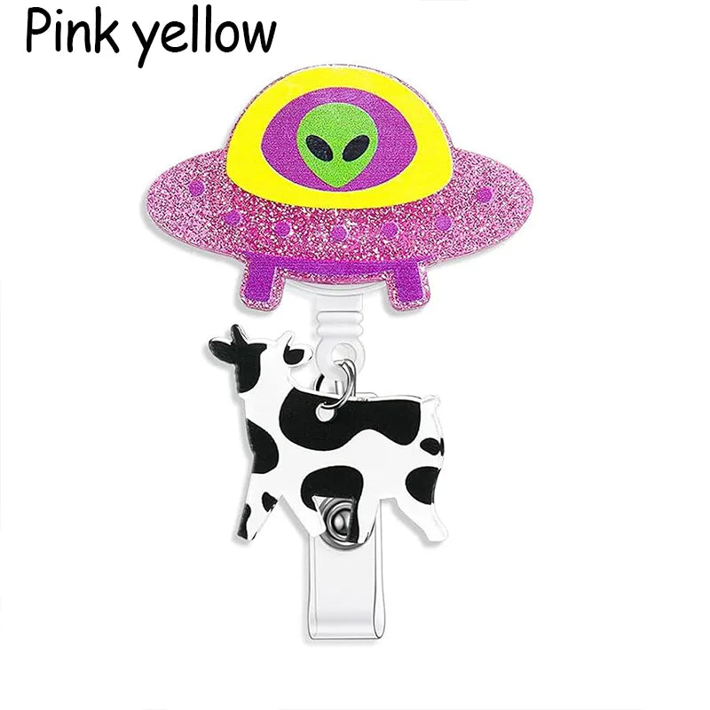 Funny UFO Cow Nurse Badge Reel, Cute Retractable ID Holder for Nurses LPN RN CNA ER, Alien Abduction Badge Clip
