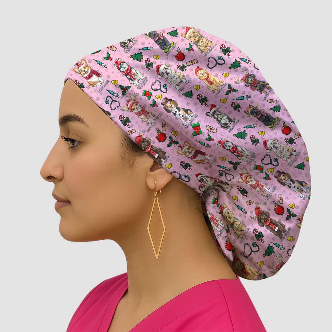 Cute Christmas Dog Bouffant Scrub Caps for Women - Corgi, Dachshund, Husky, Poodle & Labrador Surgical Caps for Doctors - Breathable Fabrics Caps Uniform