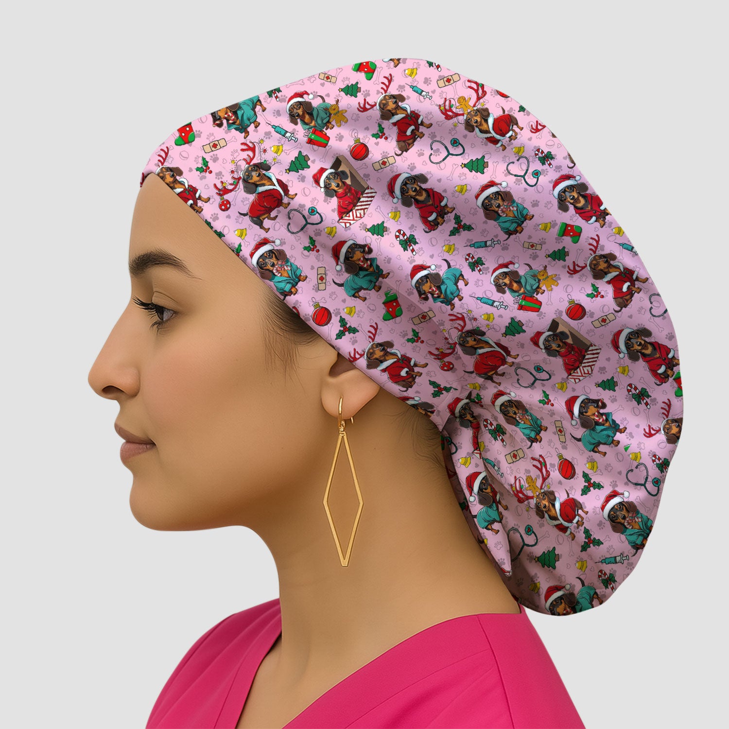 Christmas Dachshund Bouffant Scrub Caps for Women - Cute Sausage Dog Holiday Caps - Funny Reindeer & Santa - Breathable Fabrics Caps Uniform