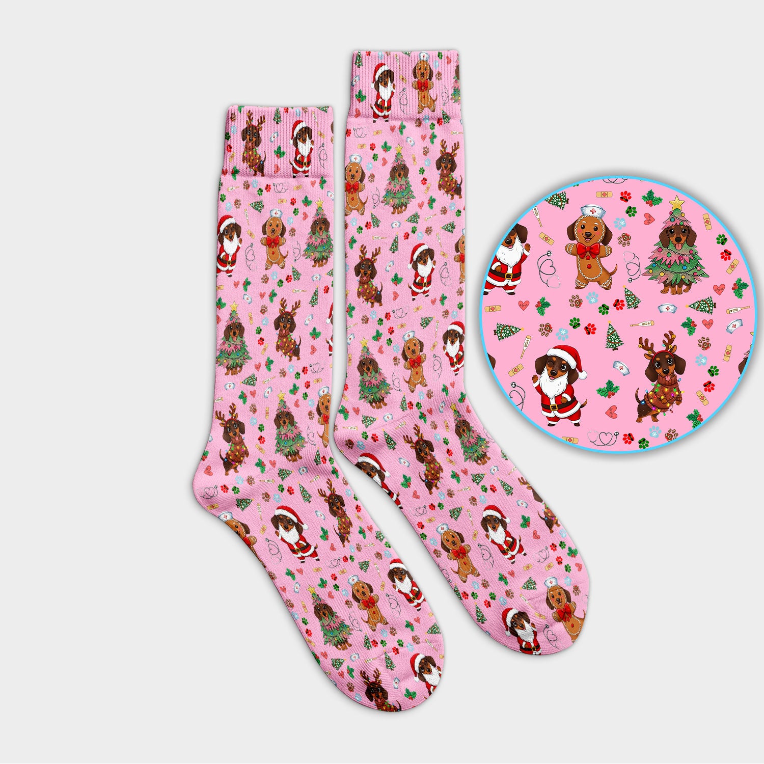 Wiener Dog Christmas Scrub Socks – Funny Dachshund Pattern Medical Sock – Festive Holiday Uniform for RN, LPN, CNA, and Vet Techs