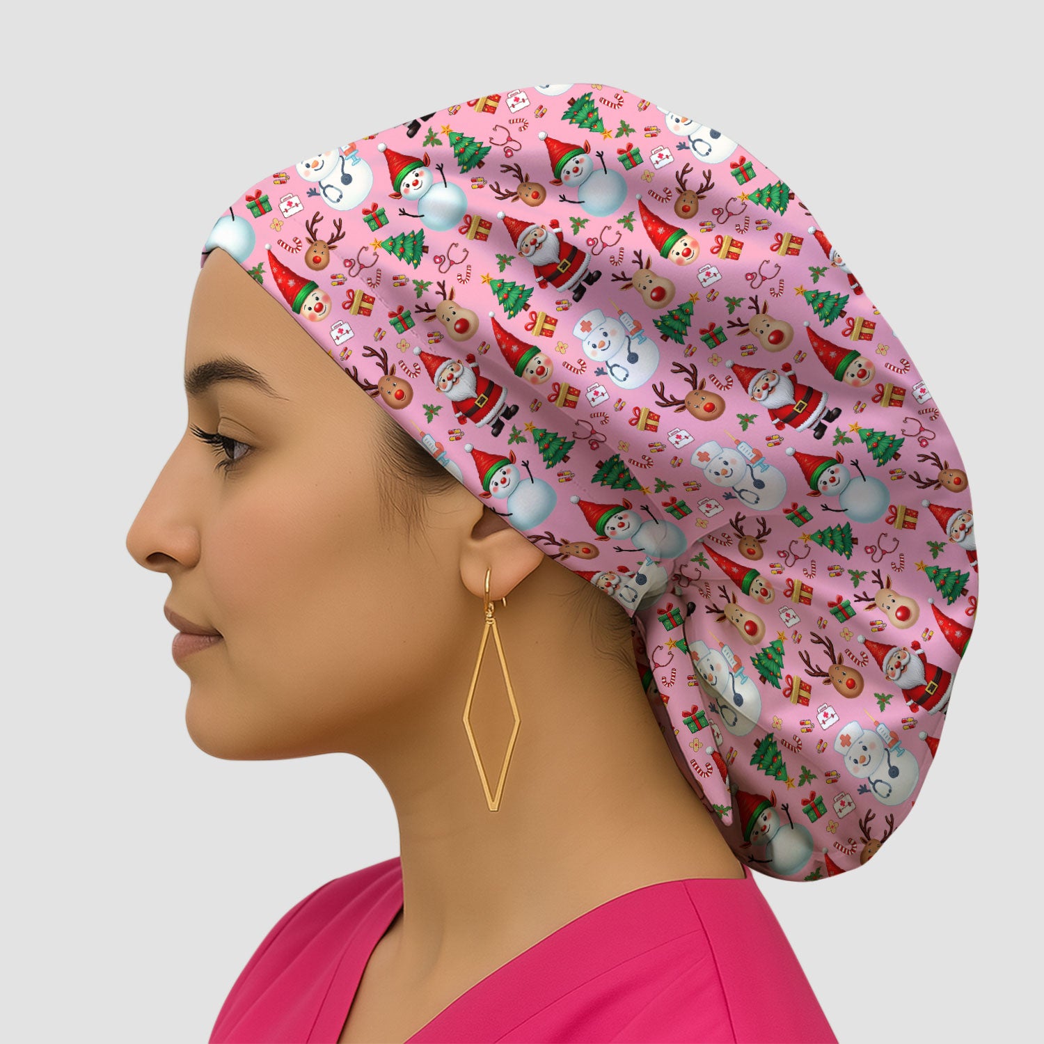 Christmas Bouffant Scrub Caps for Women - Cute Snowman Reindeer Santa Surgical Caps for Doctors - Breathable Fabrics Caps Uniform