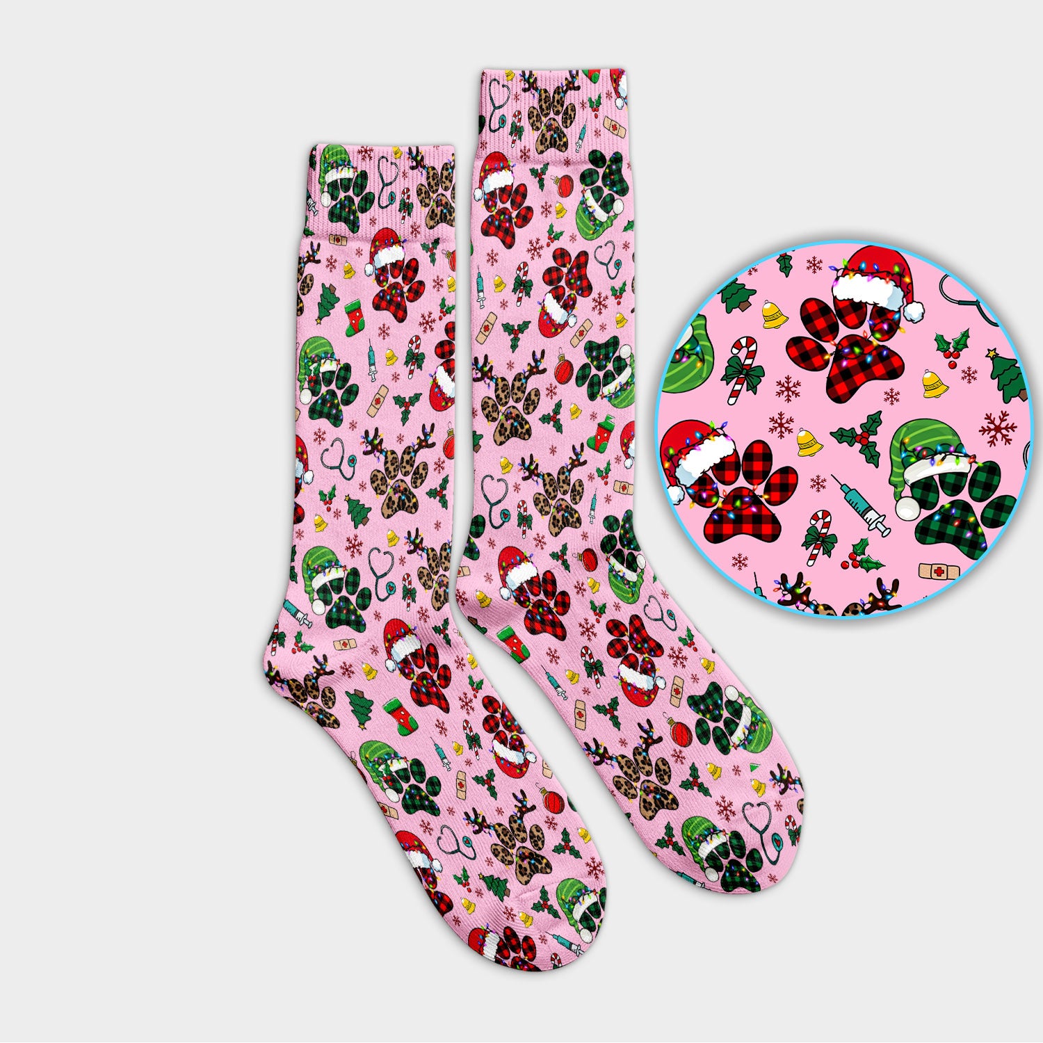 Dog Paw Print Christmas Socks for Nurse Doctor - Cute Leopard Pattern Adult Socks for Men and Women - Breathable Medical Uniform