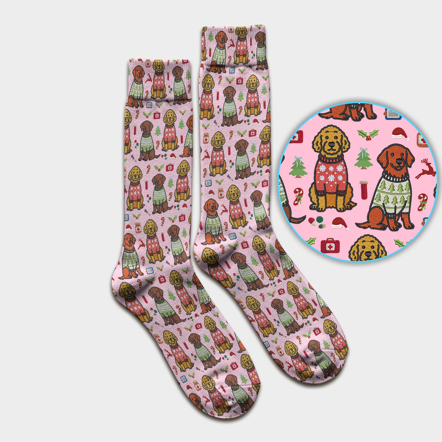 Golden Retriever Christmas Scrub Socks, Cute Holiday Dog Nurse Pattern Sock, Breathable Fabrics Nursing Uniform