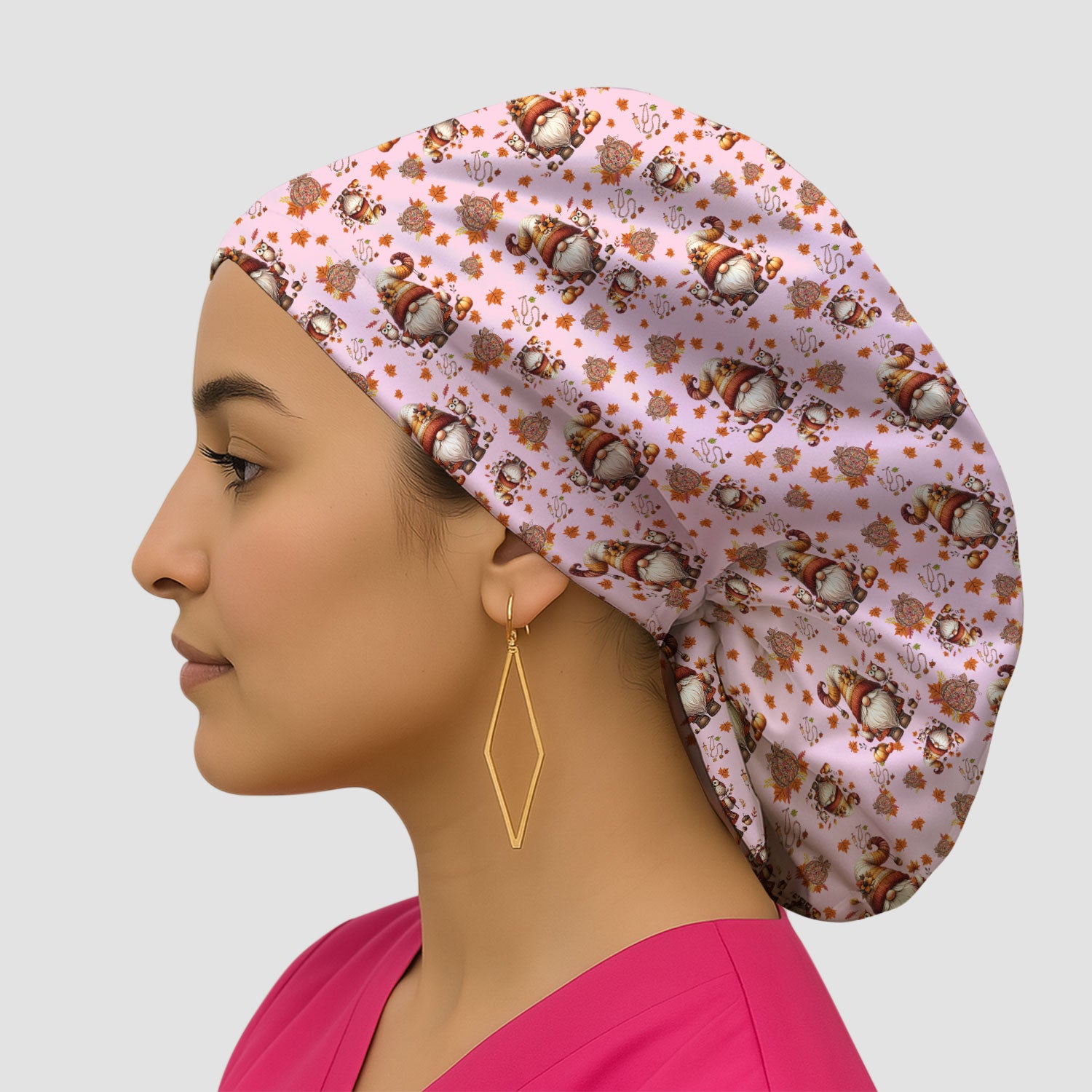 Autumn Leaves Pumpkin Bouffant Scrub Caps for Women - Thanksgiving Surgical Caps for Doctors - Gnome Lover Gift for Her