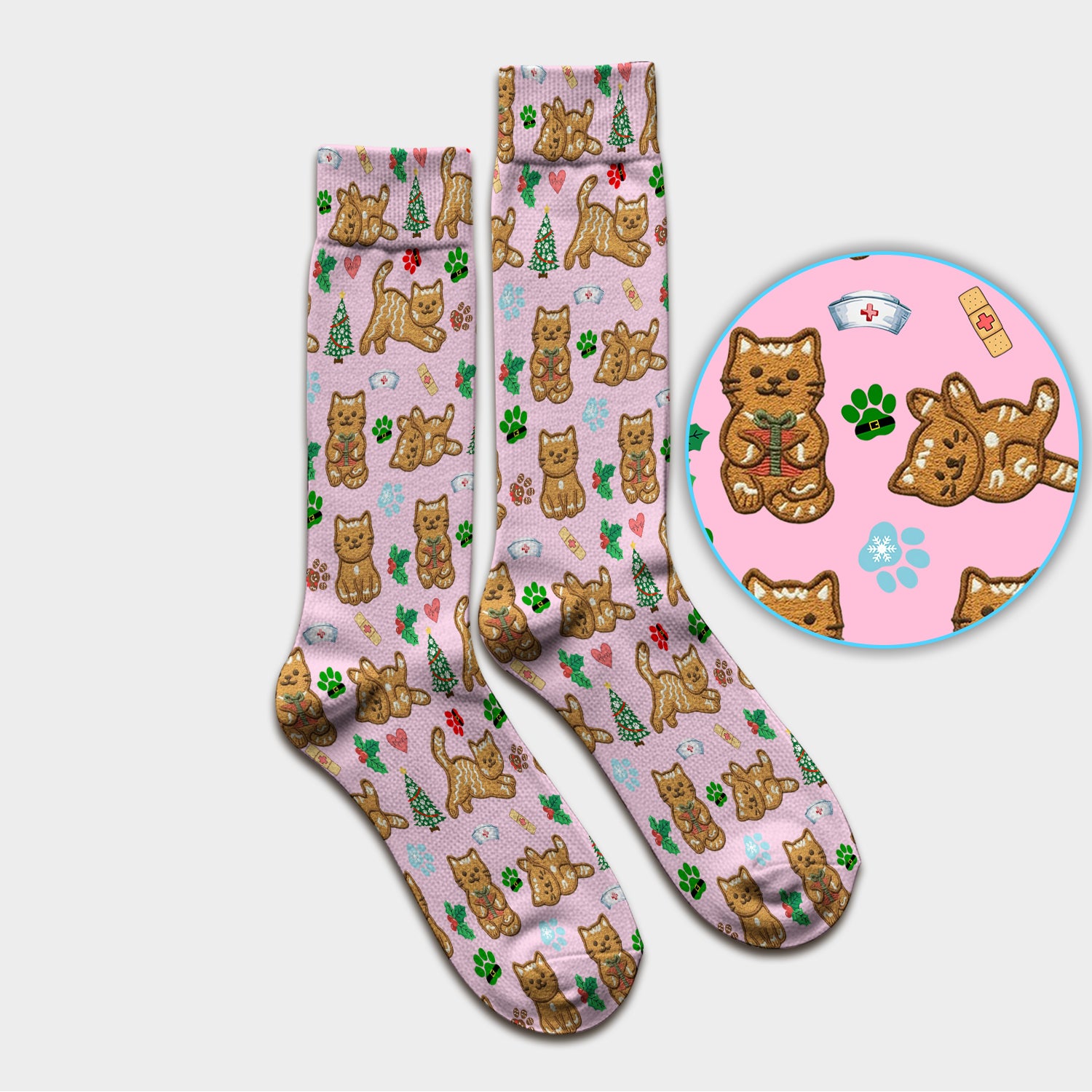 Gingerbread Cat Christmas Scrub Socks, Cute Holiday Kitty Medical Uniform Sock For Nursing, Festive Nurse Pattern