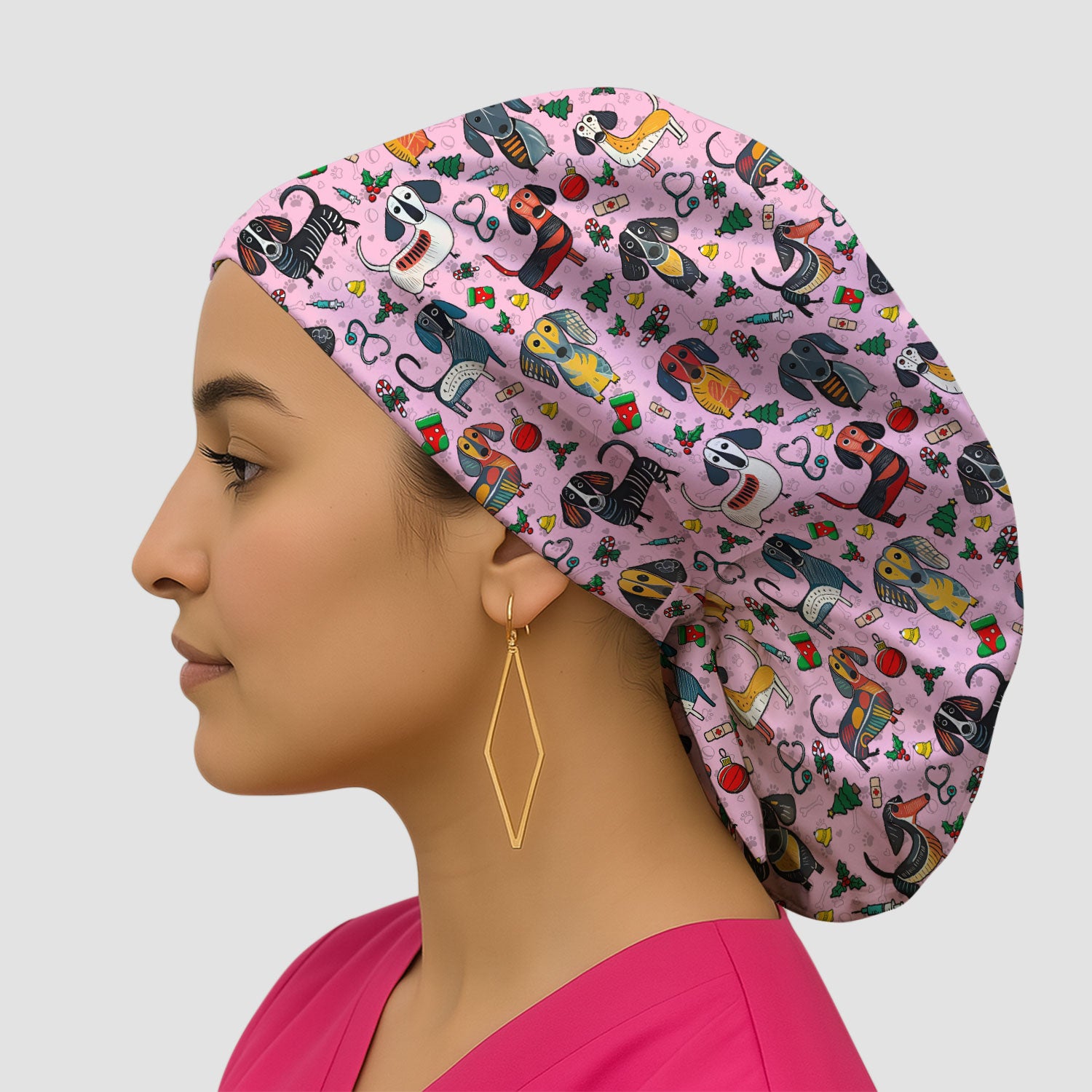 Christmas Wiener Dog Bouffant Scrub Caps for Women - Dachshund Holiday Nursing Gift - Breathable Fabrics Caps Uniform