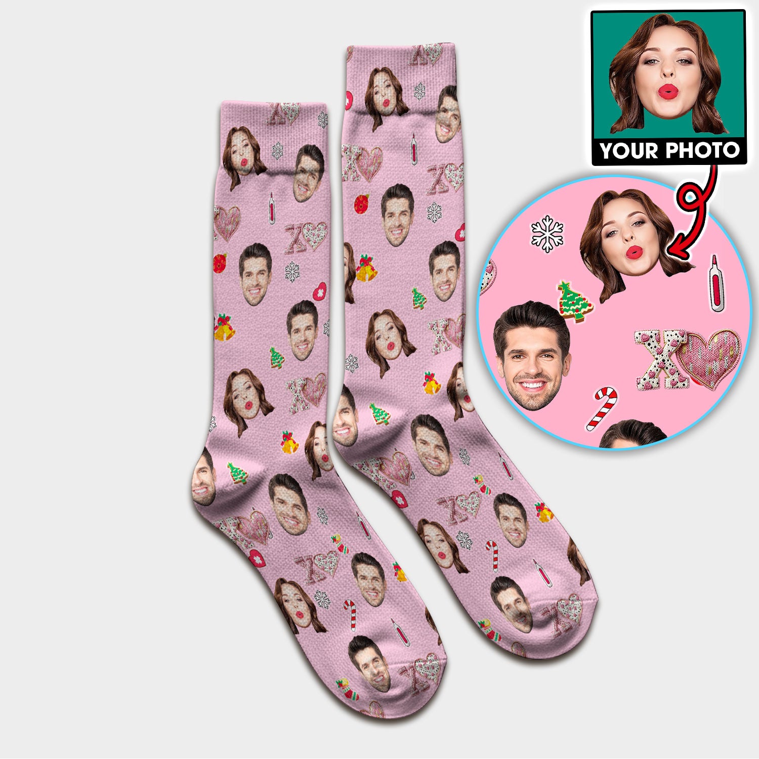 Custom Face Pattern XOXO Scrub Sock, Personalized Photo Scrub Socks, Breathable Fabrics Nursing Uniform