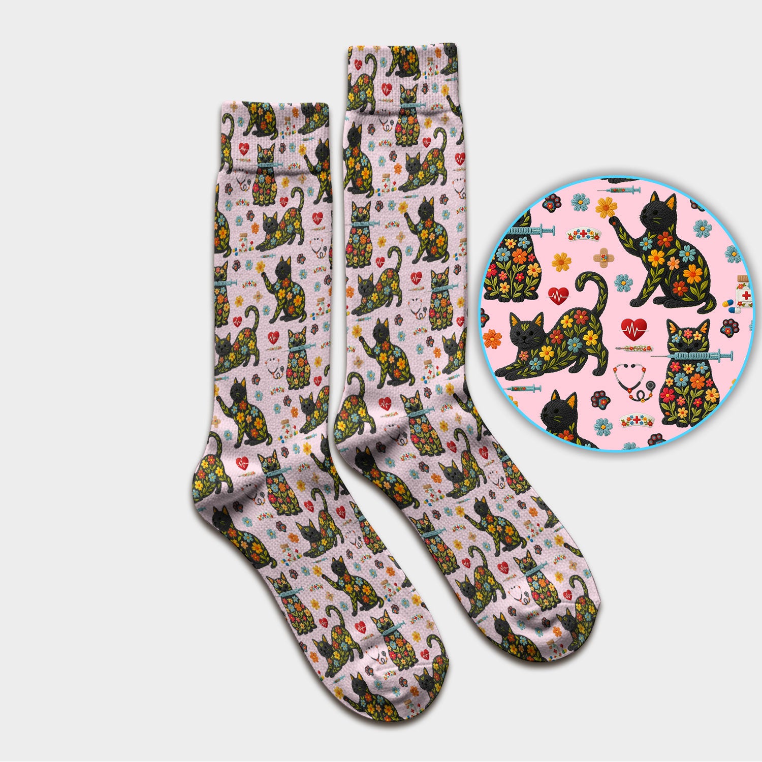 Floral Black Cat Pattern Scrub Socks, Cute Cat Nurse Scrub Sock, Medical Nursing Uniform