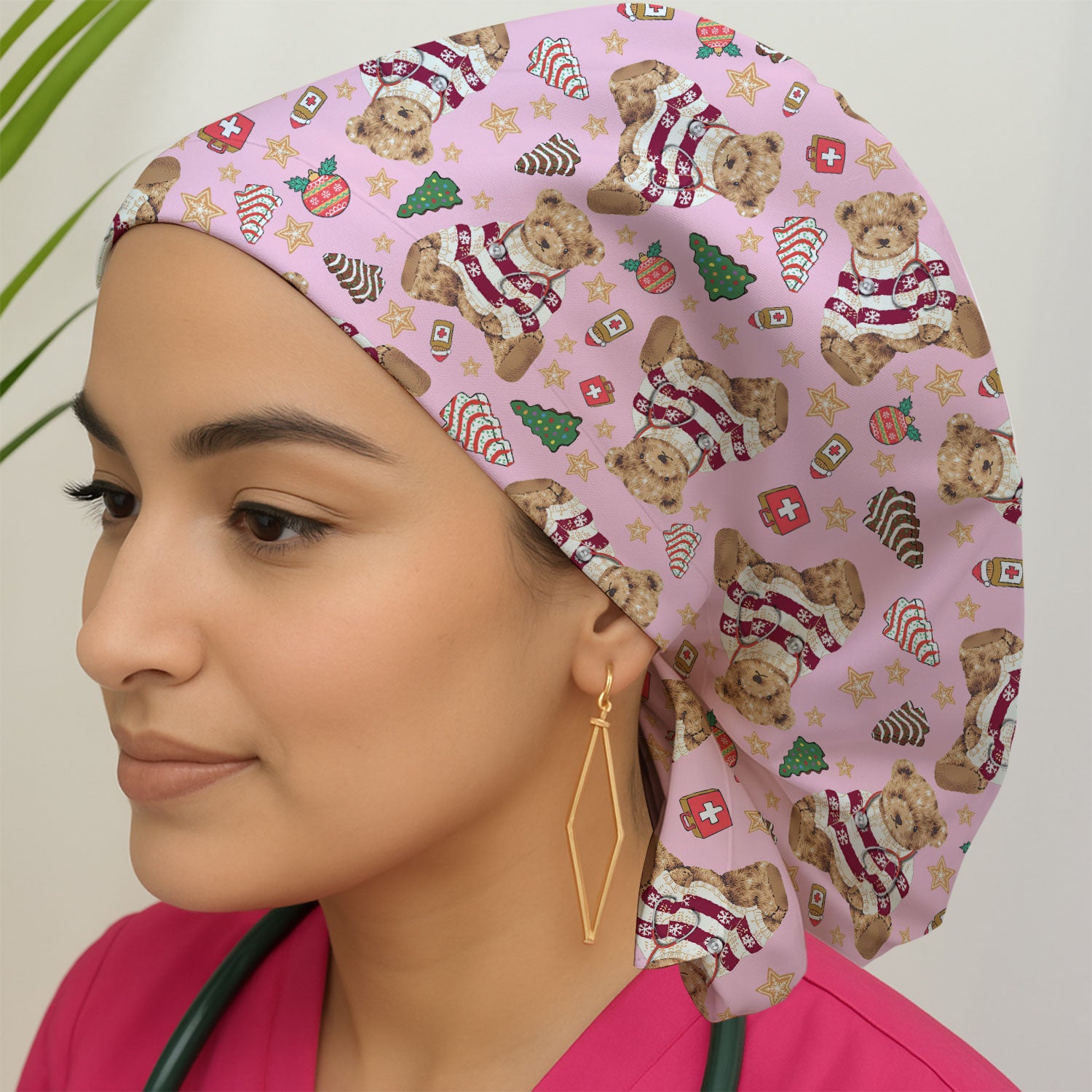 Teddy Bear Christmas Bouffant Scrub Caps for Women - Festive Holiday Nursing Gift - Breathable Fabrics Caps Uniform