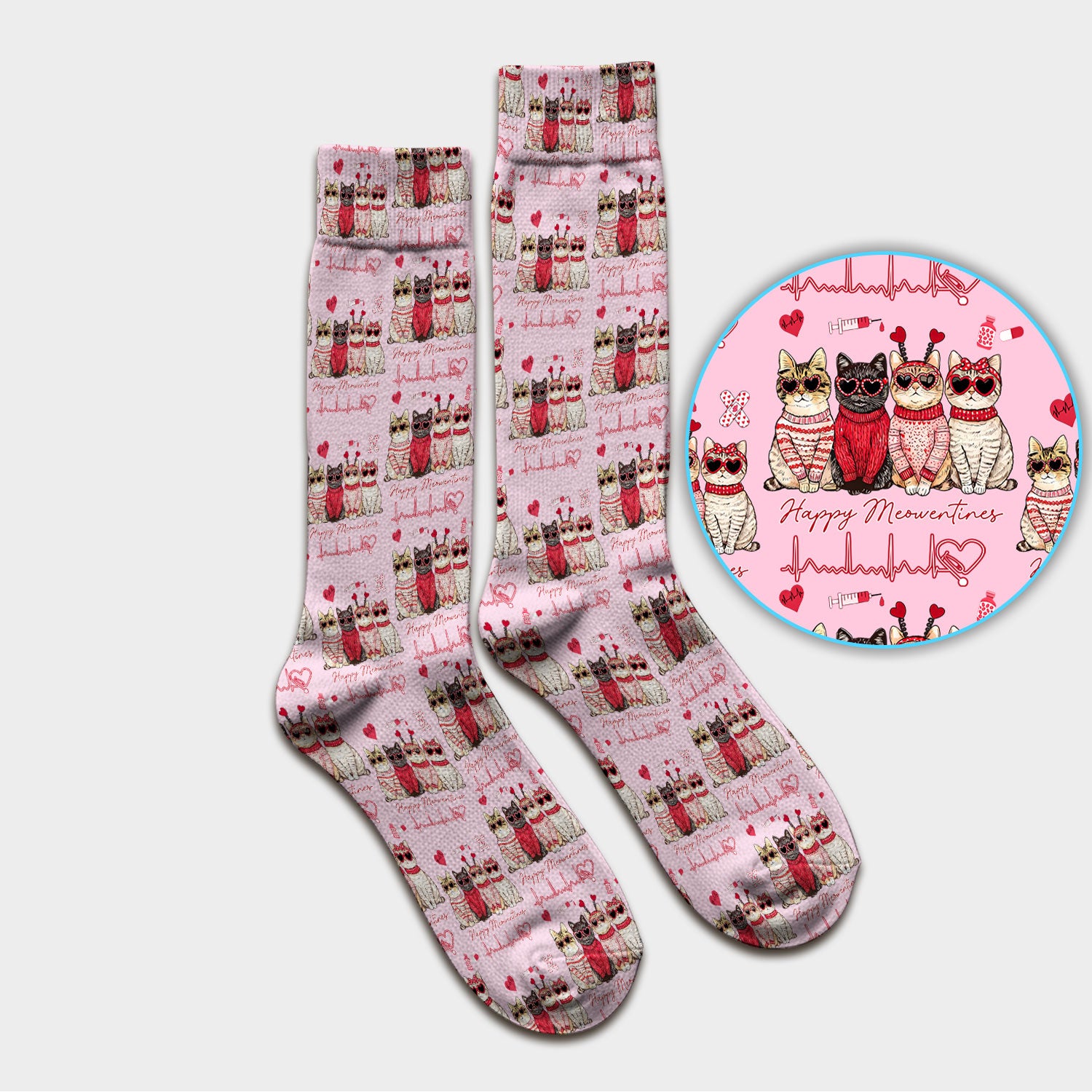 Happy Meowtines Cat Pattern Scrub Socks, Valentine Cat Lover Nurse Scrub Sock, Heartbeat Medical Pattern Nursing Uniform
