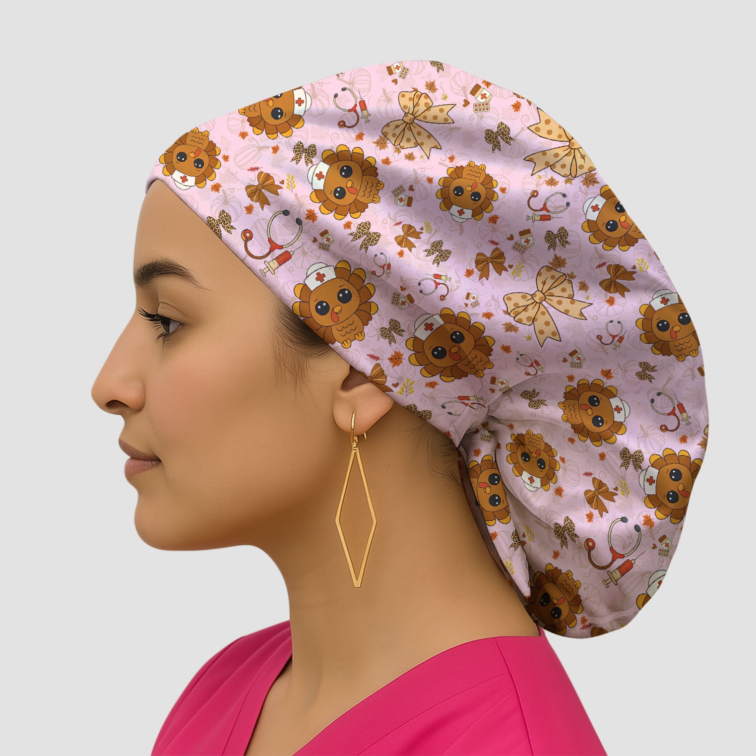 Thanksgiving Bouffant Scrub Caps for Women - Fall Leaves and Bow Holiday Nursing Gift - Breathable Fabrics Caps Uniform