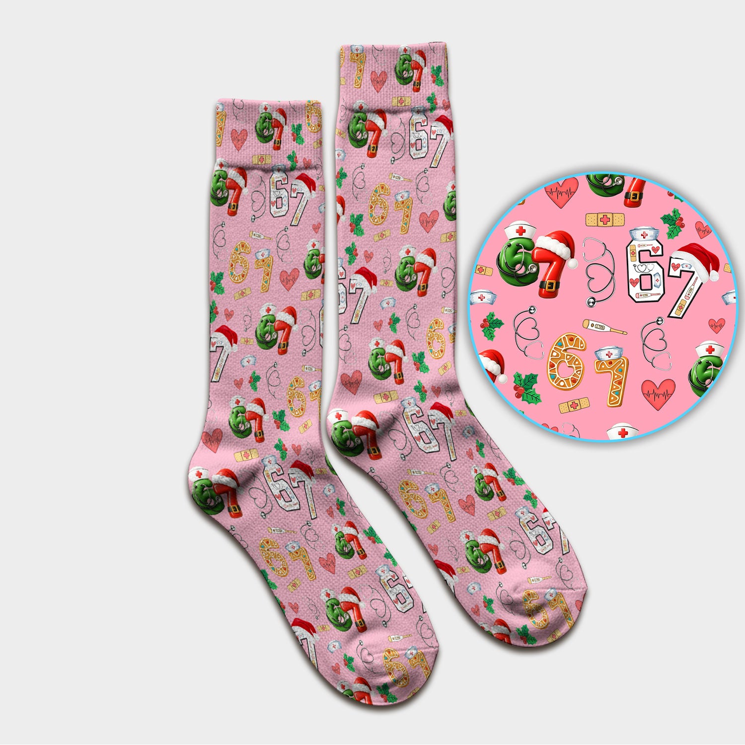 Christmas Nurse 67 Pattern Scrub Socks, Cute Holiday Medical Sock With Santa Hat, Uniform For Nursing