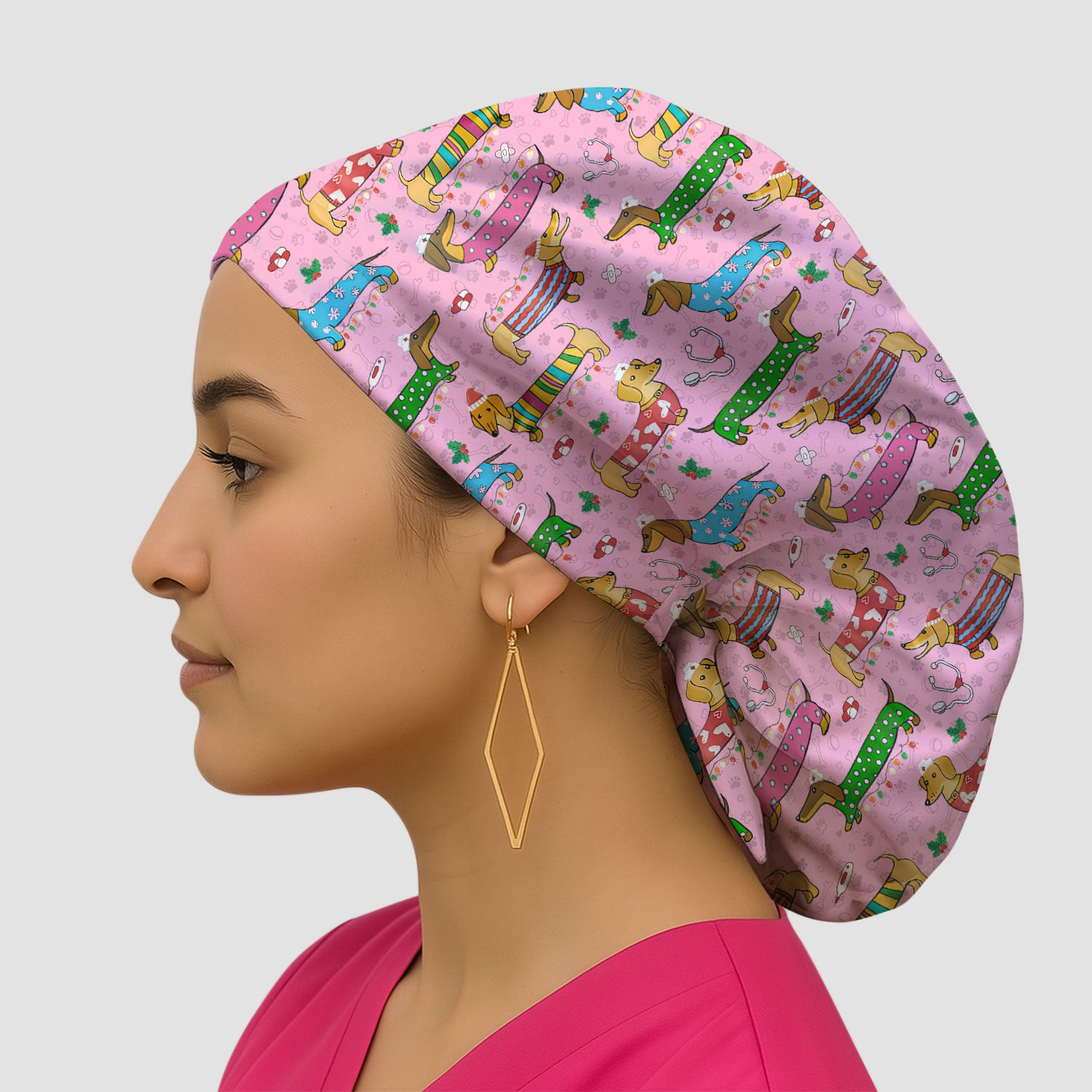 Funny Dachshund Bouffant Scrub Caps for Women - Cute Wiener Dog Holiday Nursing Gift - Puppy Lover Gift