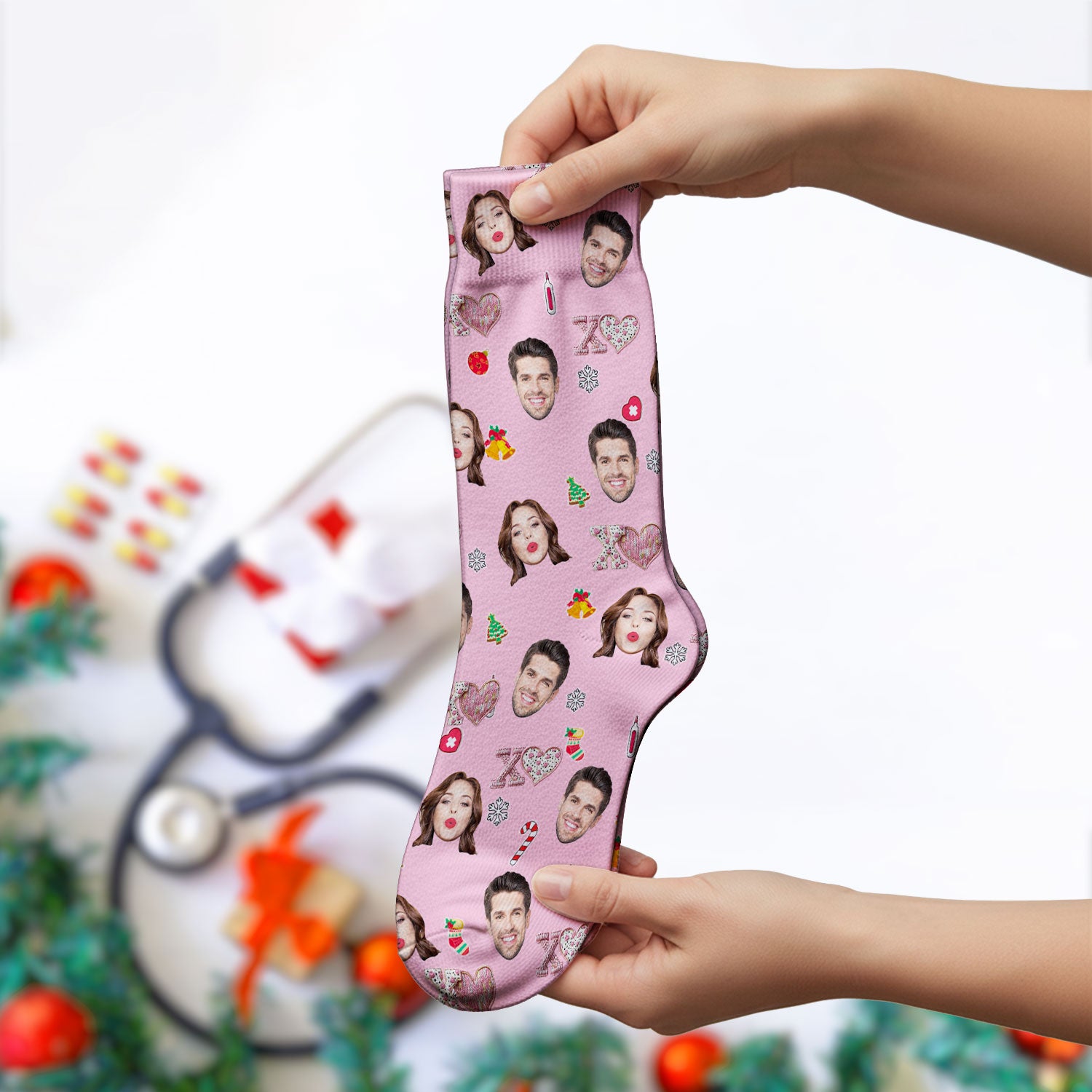 Custom Face Pattern XOXO Scrub Sock, Personalized Photo Scrub Socks, Breathable Fabrics Nursing Uniform